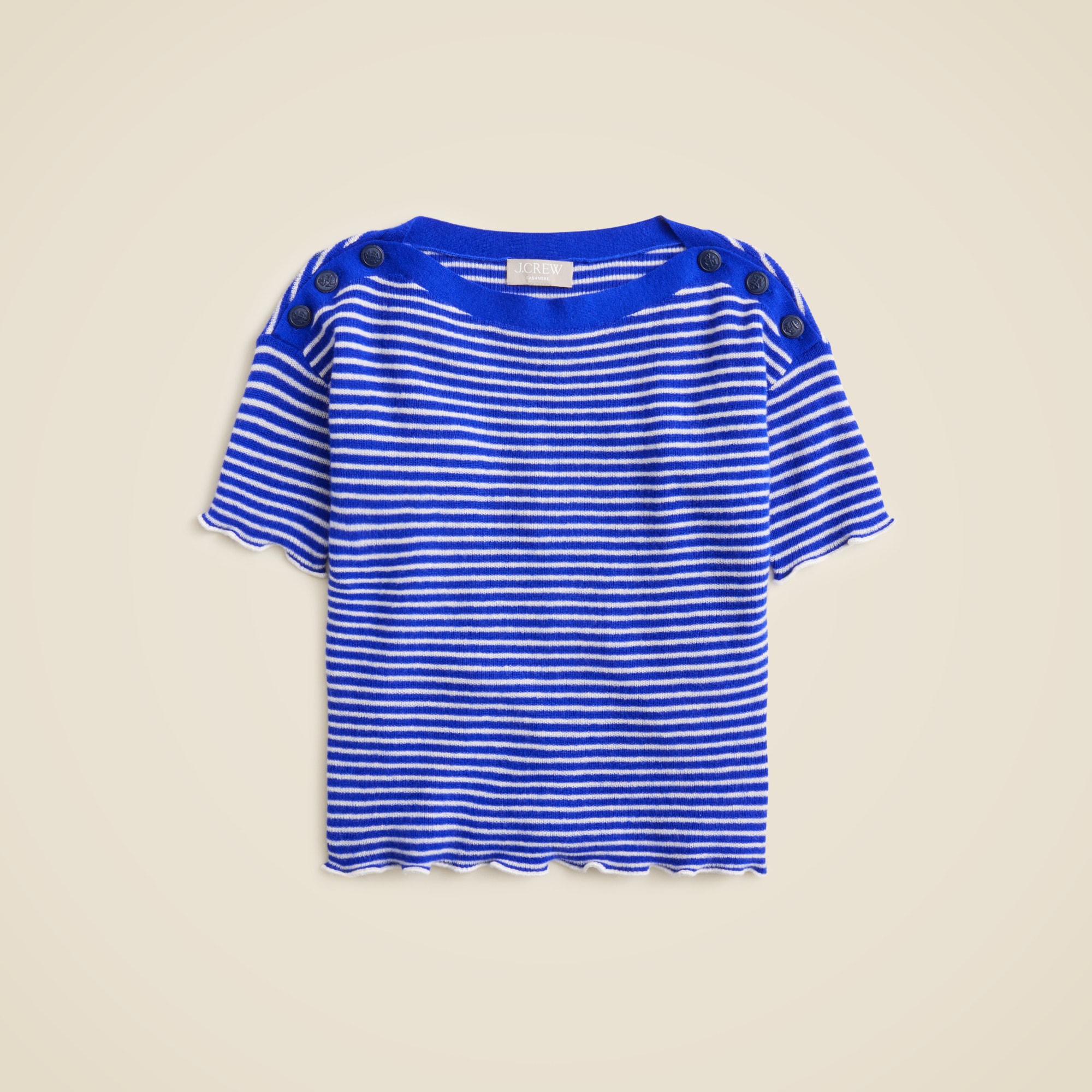 Featherweight cashmere ruffle-trim T-shirt in stripe