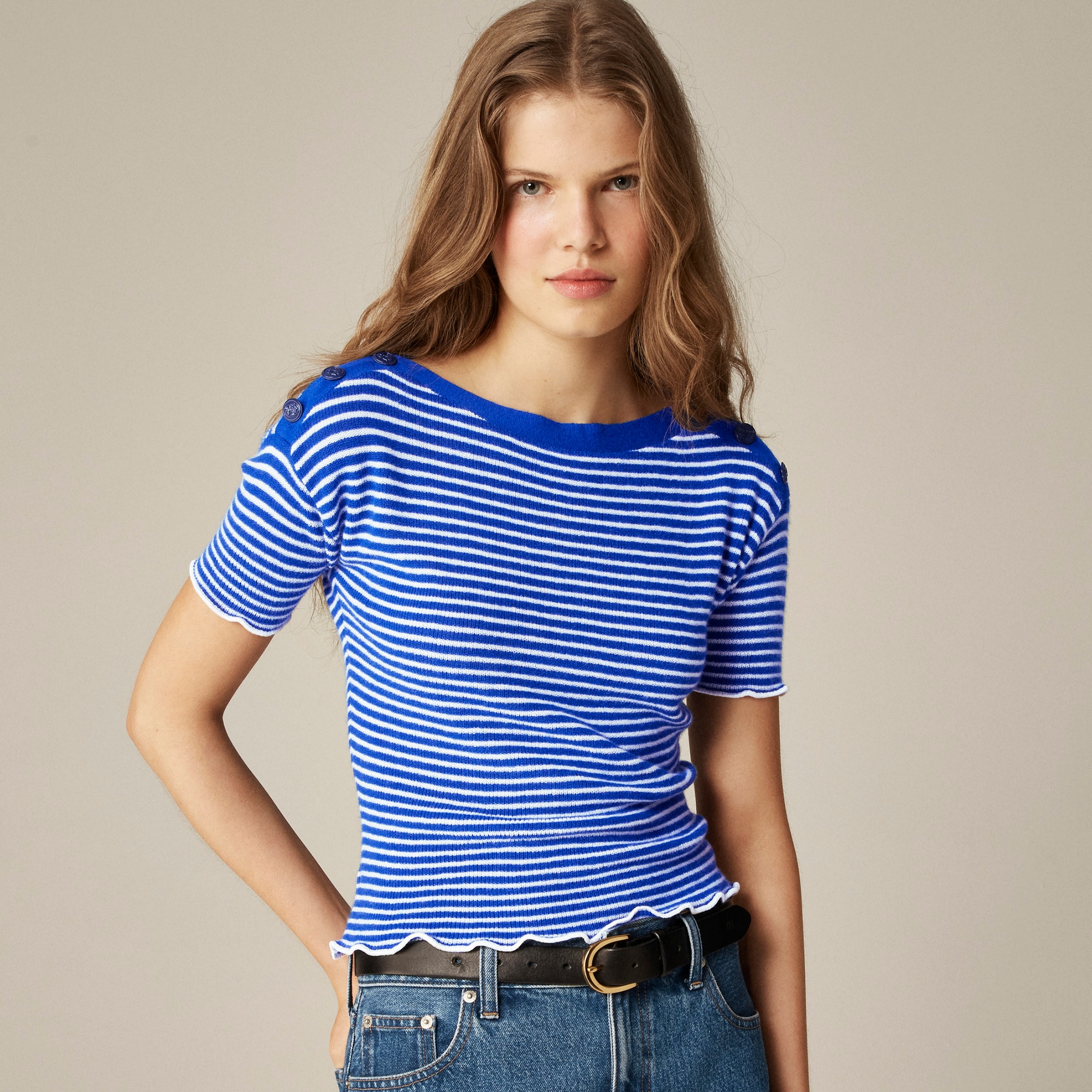 Featherweight Cashmere Ruffle-trim T-shirt In Stripe For Women | J
