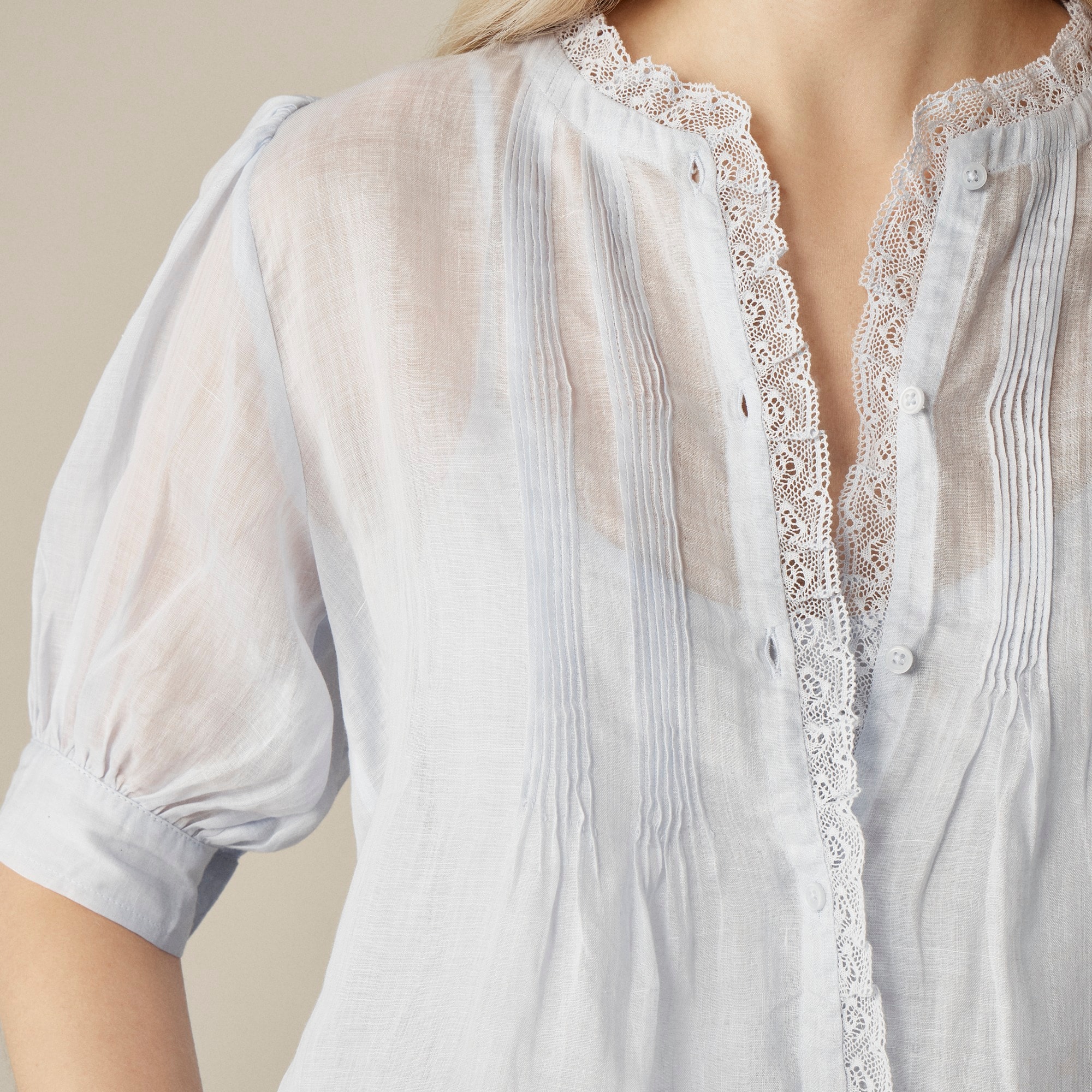 Lace-trim pintuck top in ramie
