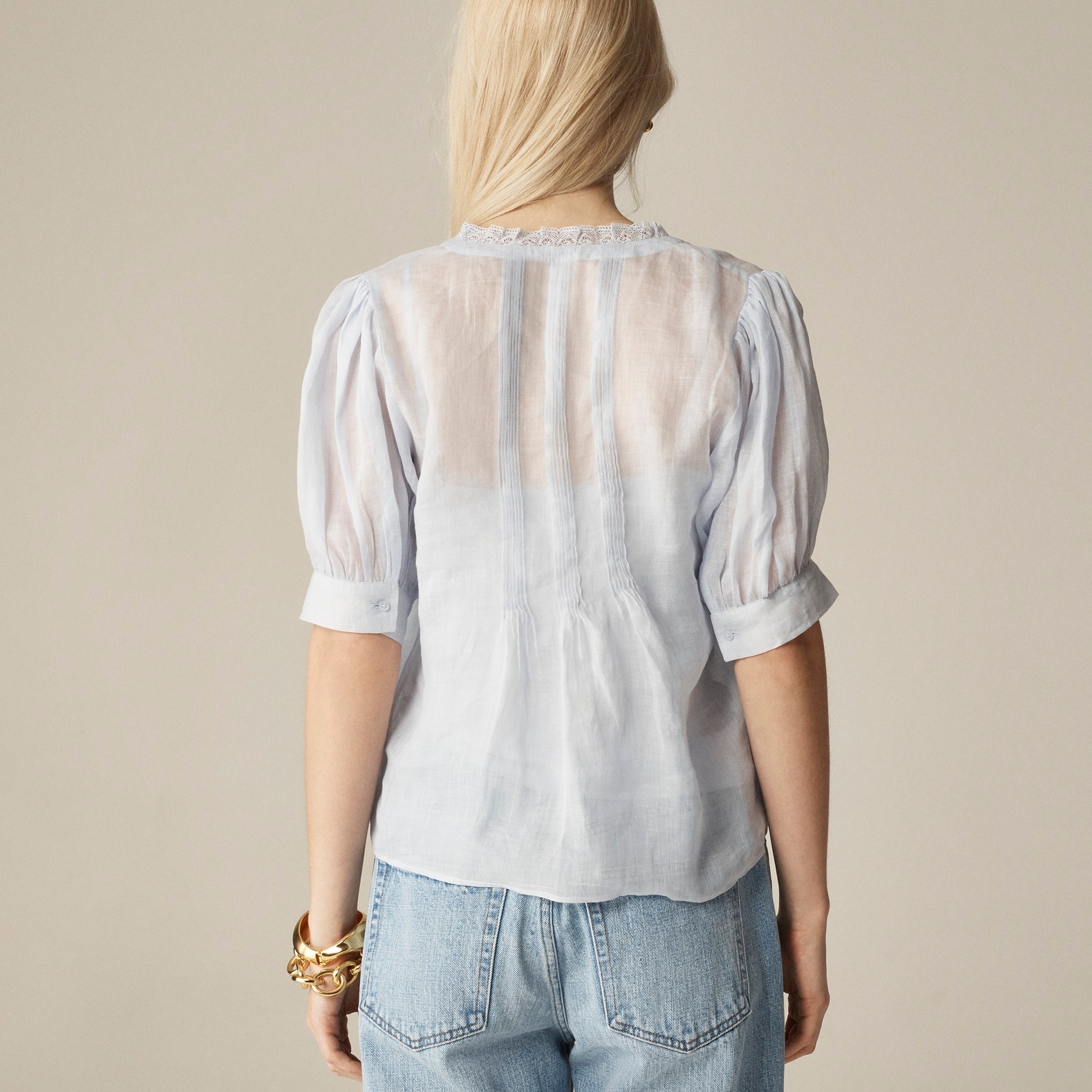 Lace-trim pintuck top in ramie