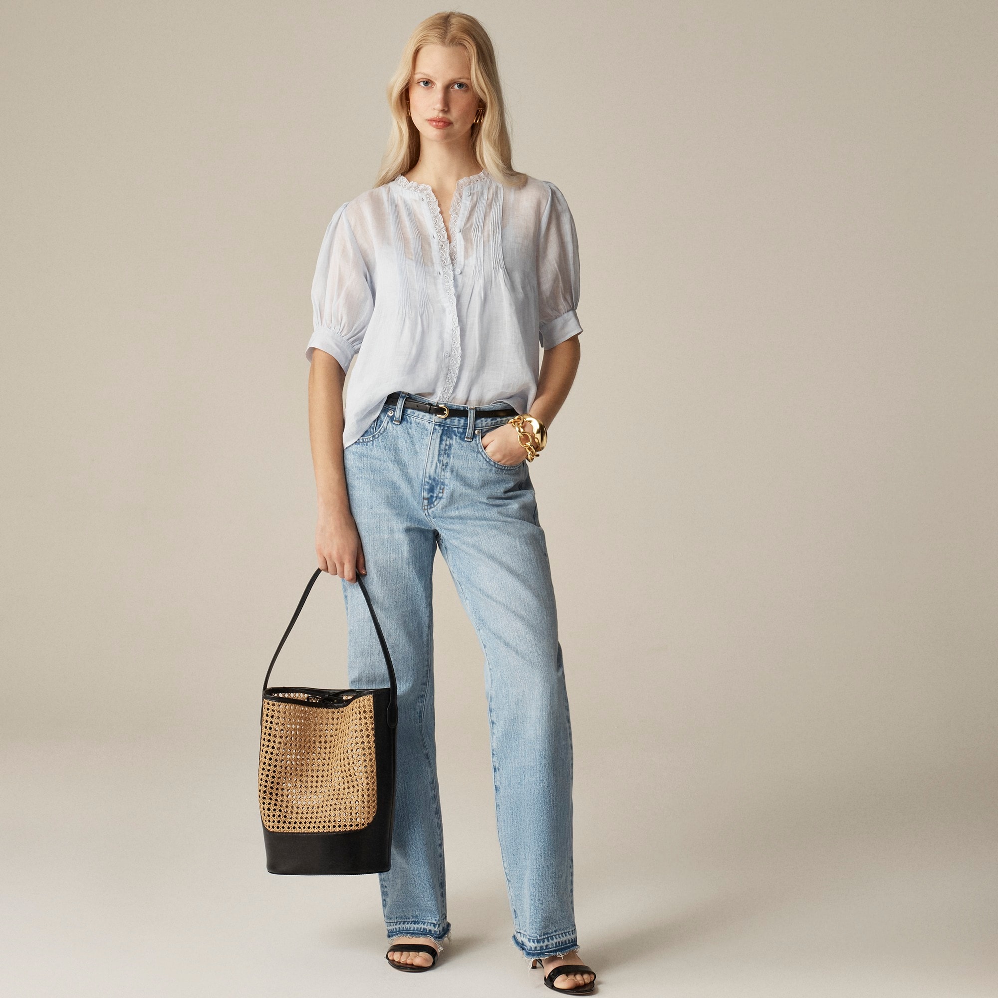 womens Lace-trim pintuck top in ramie