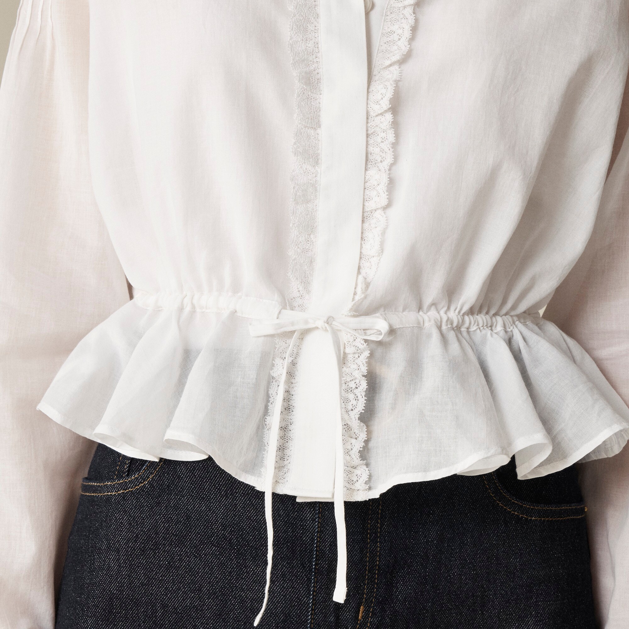 Lace-trim cinched-waist top in cotton voile