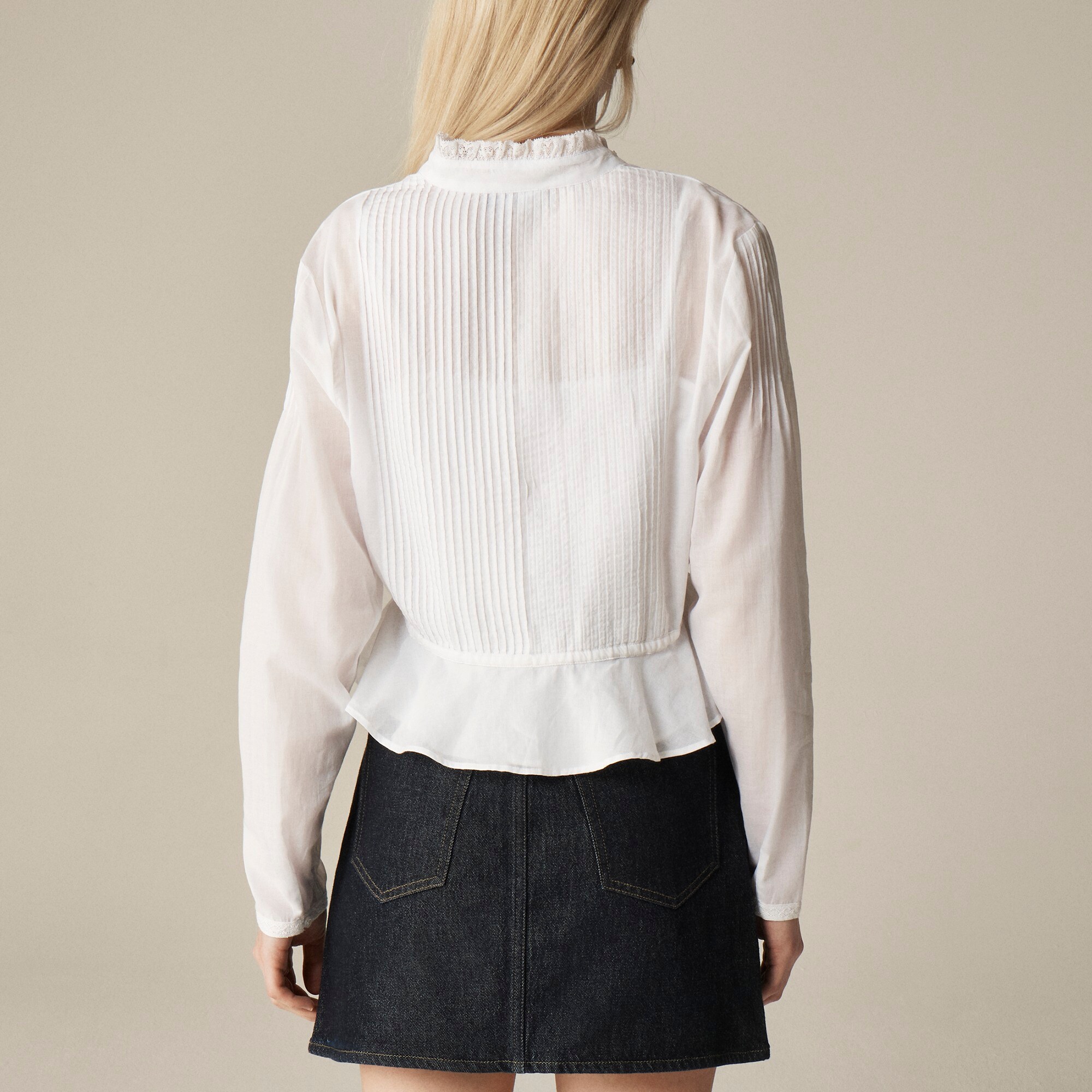 Lace-trim cinched-waist top in cotton voile