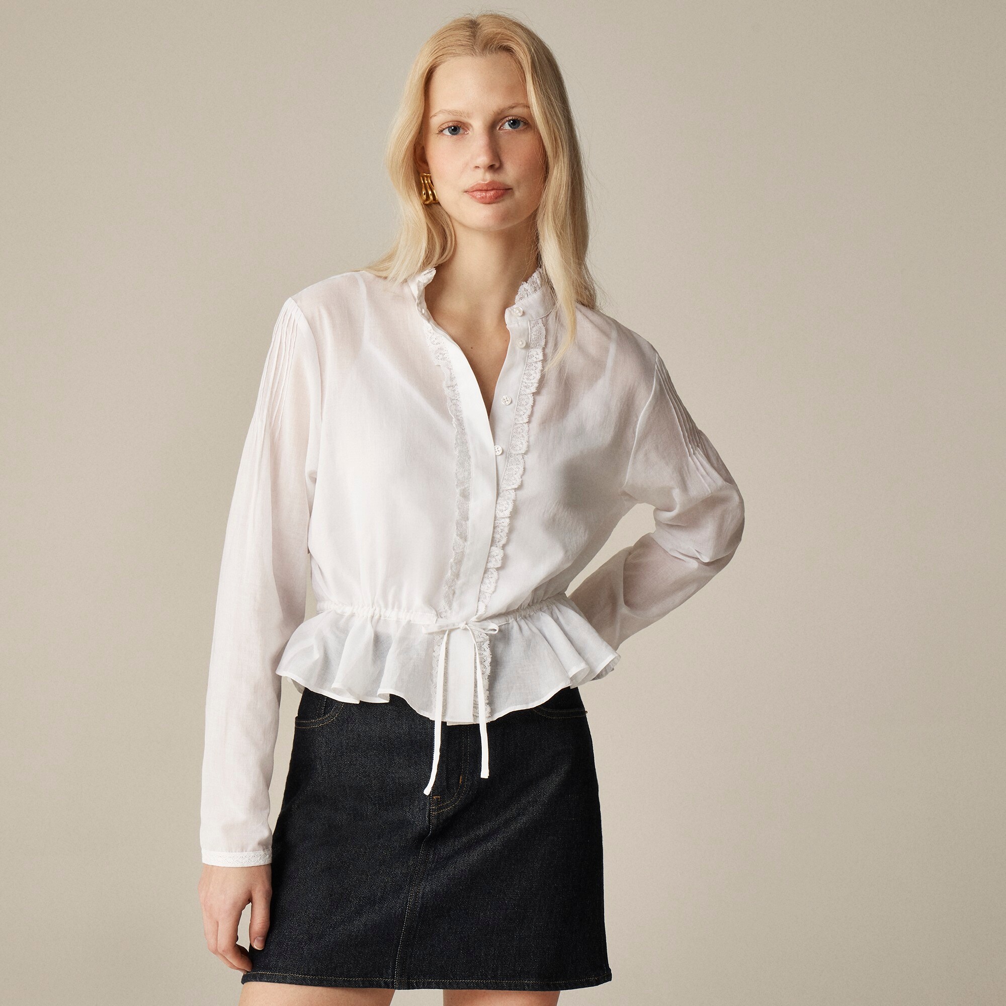  Lace-trim cinched-waist top in cotton voile