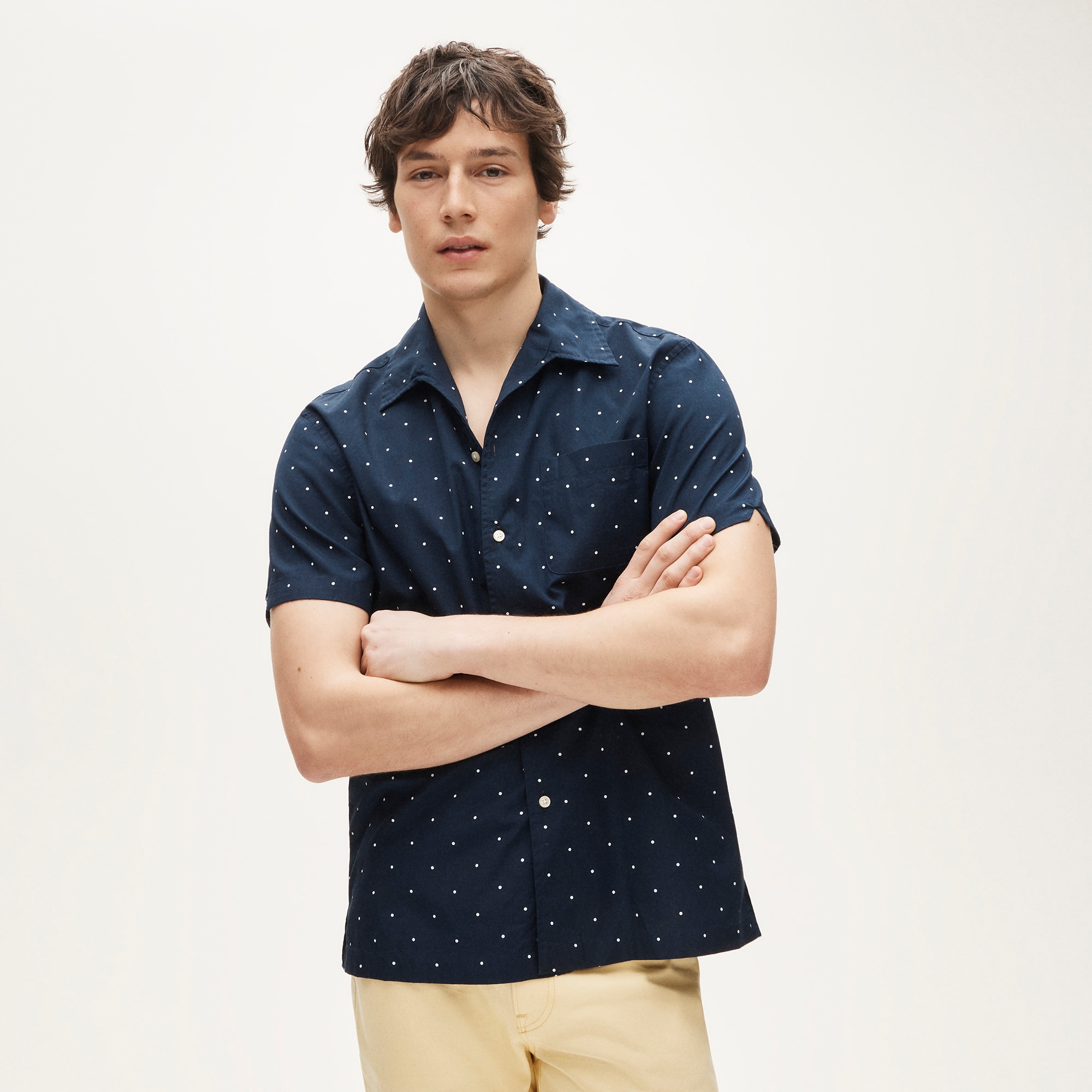 Short-sleeve cotton poplin camp-collar shirt