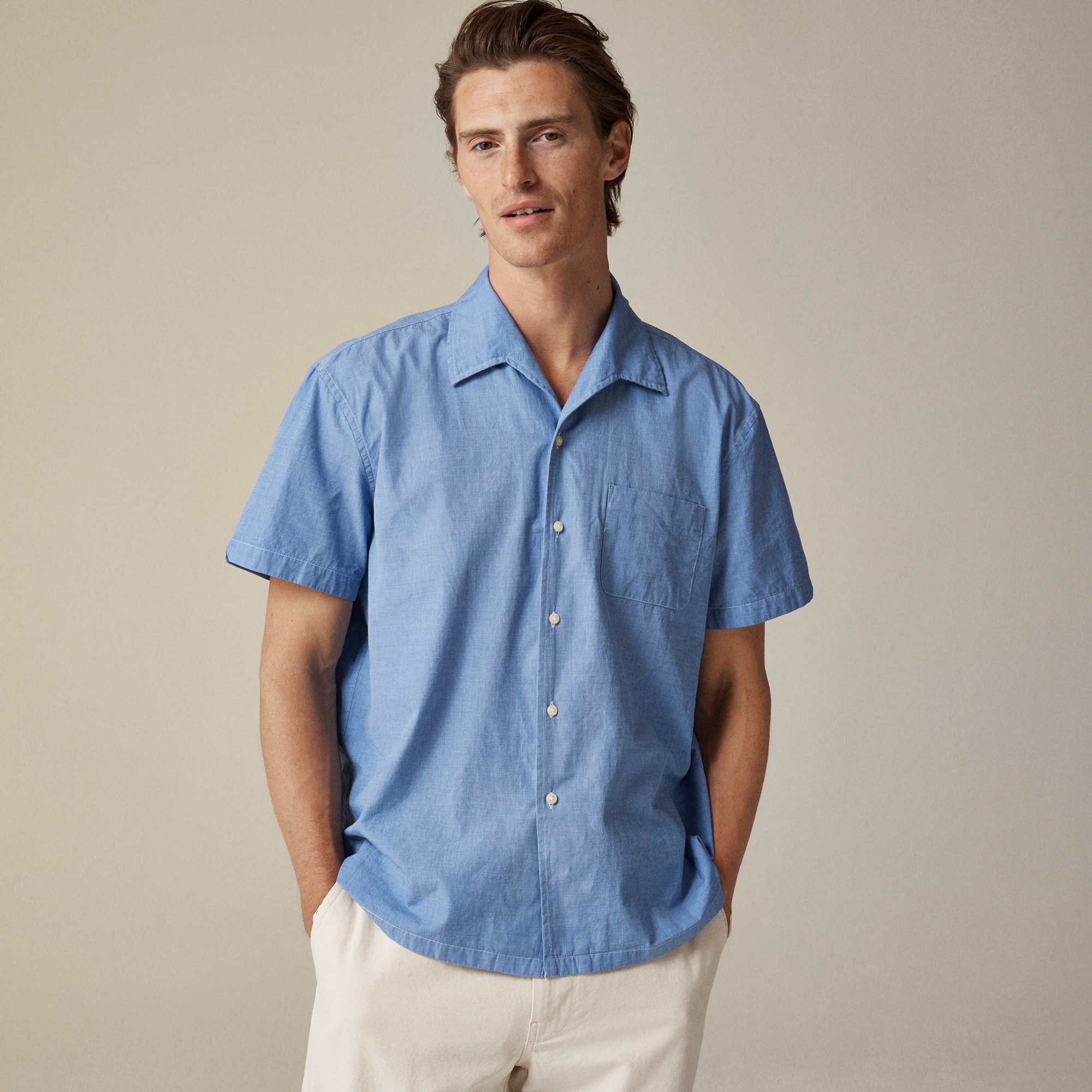  Short-sleeve Secret Wash cotton poplin camp-collar shirt