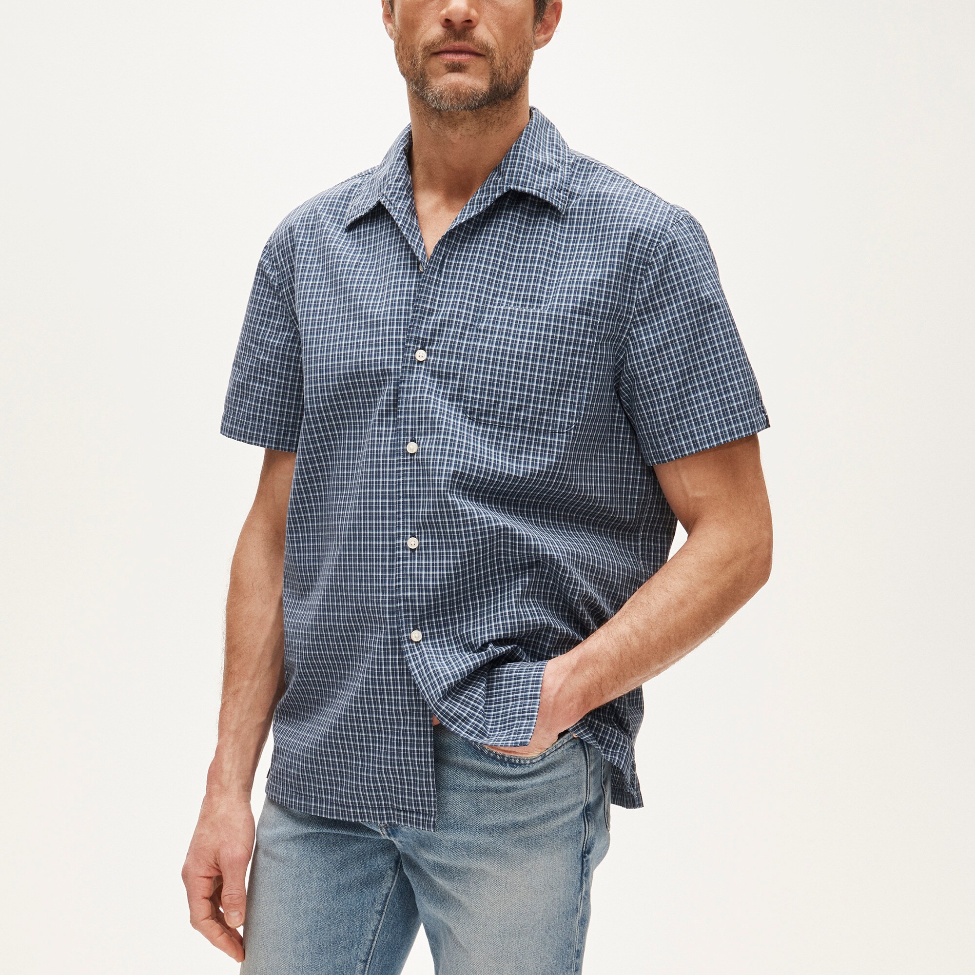 Short-sleeve cotton poplin camp-collar shirt