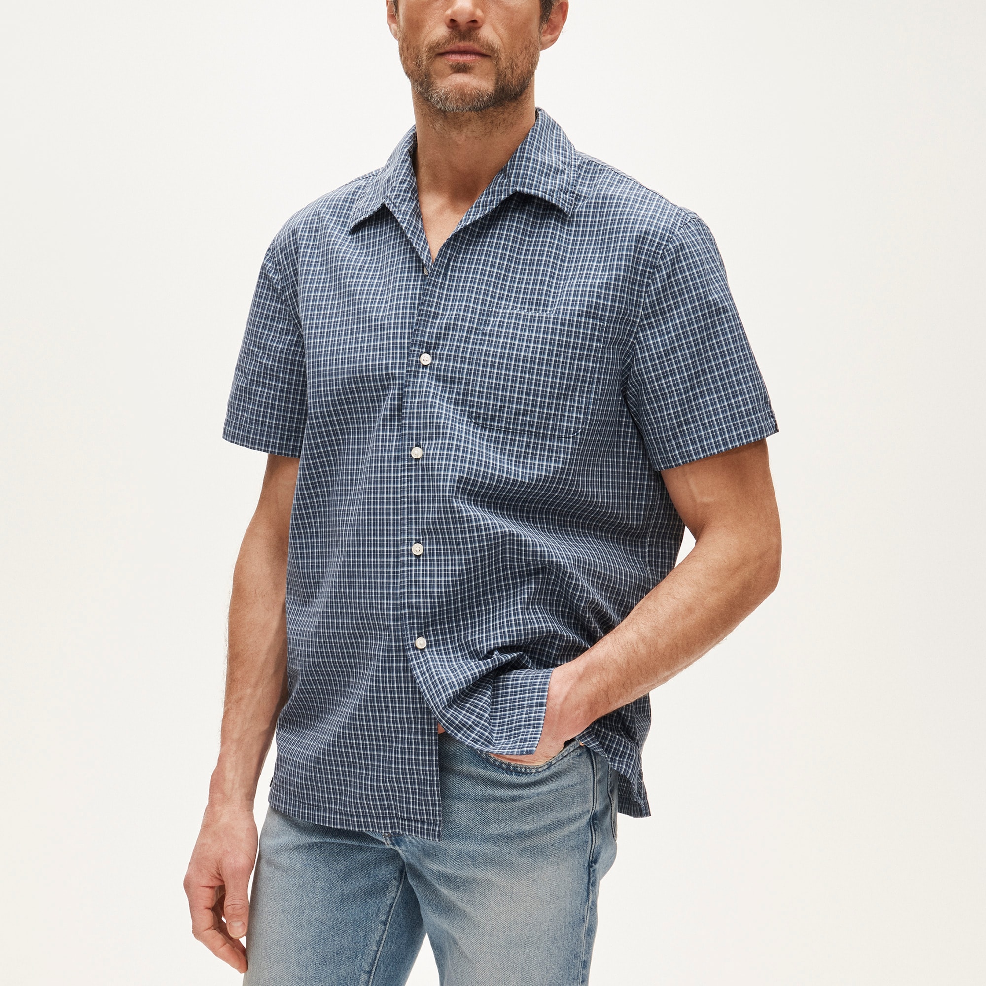 Short-sleeve cotton poplin camp-collar shirt