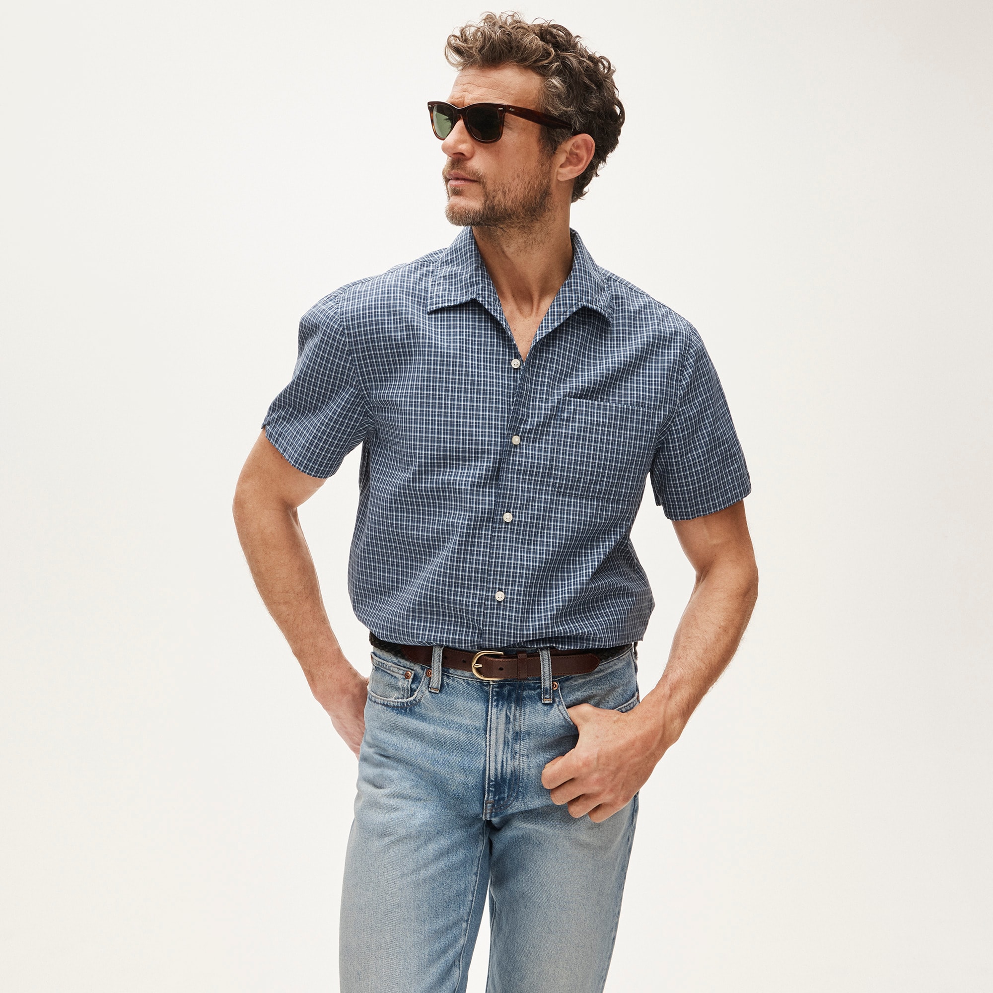 Short-sleeve cotton poplin camp-collar shirt
