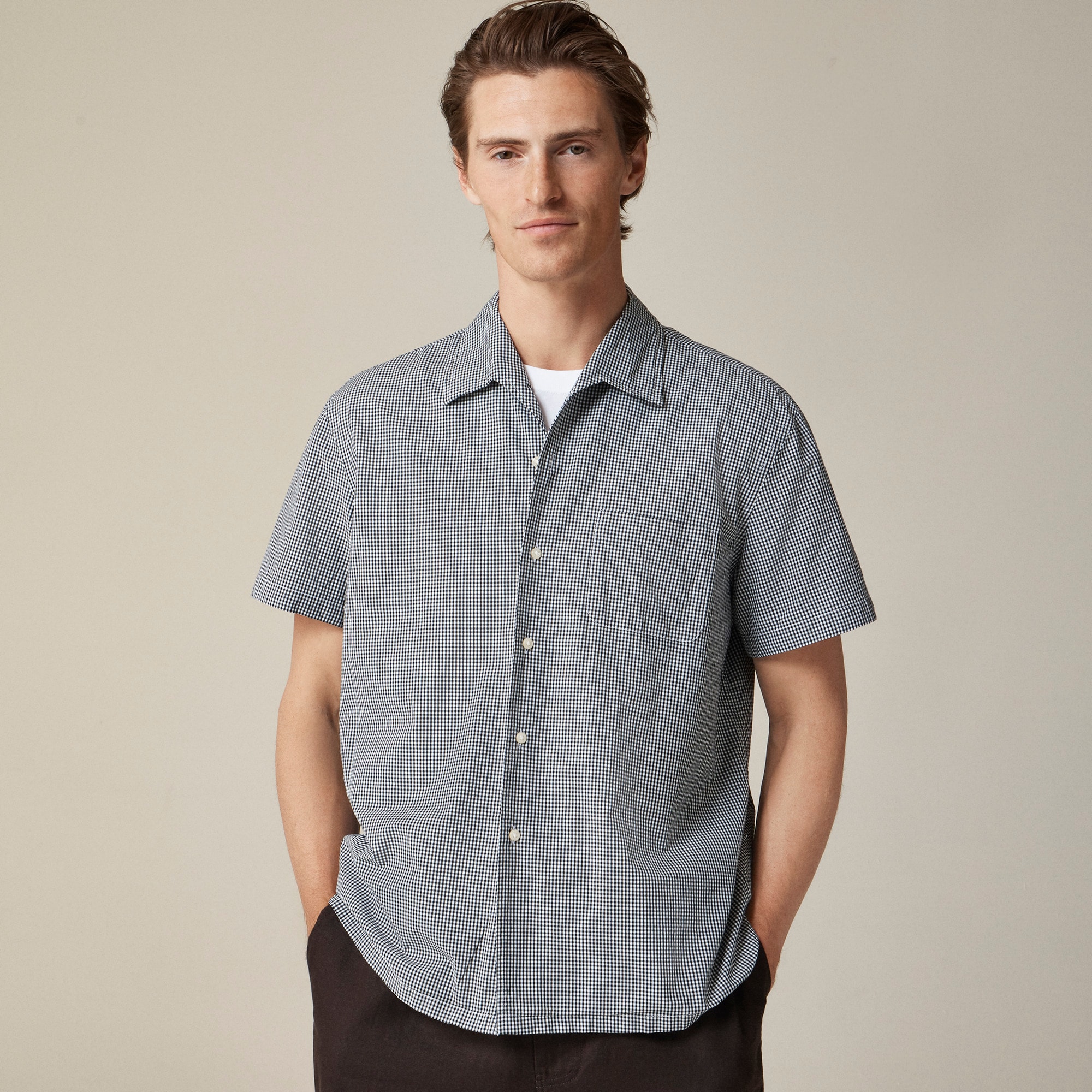 Short-sleeve cotton poplin camp-collar shirt