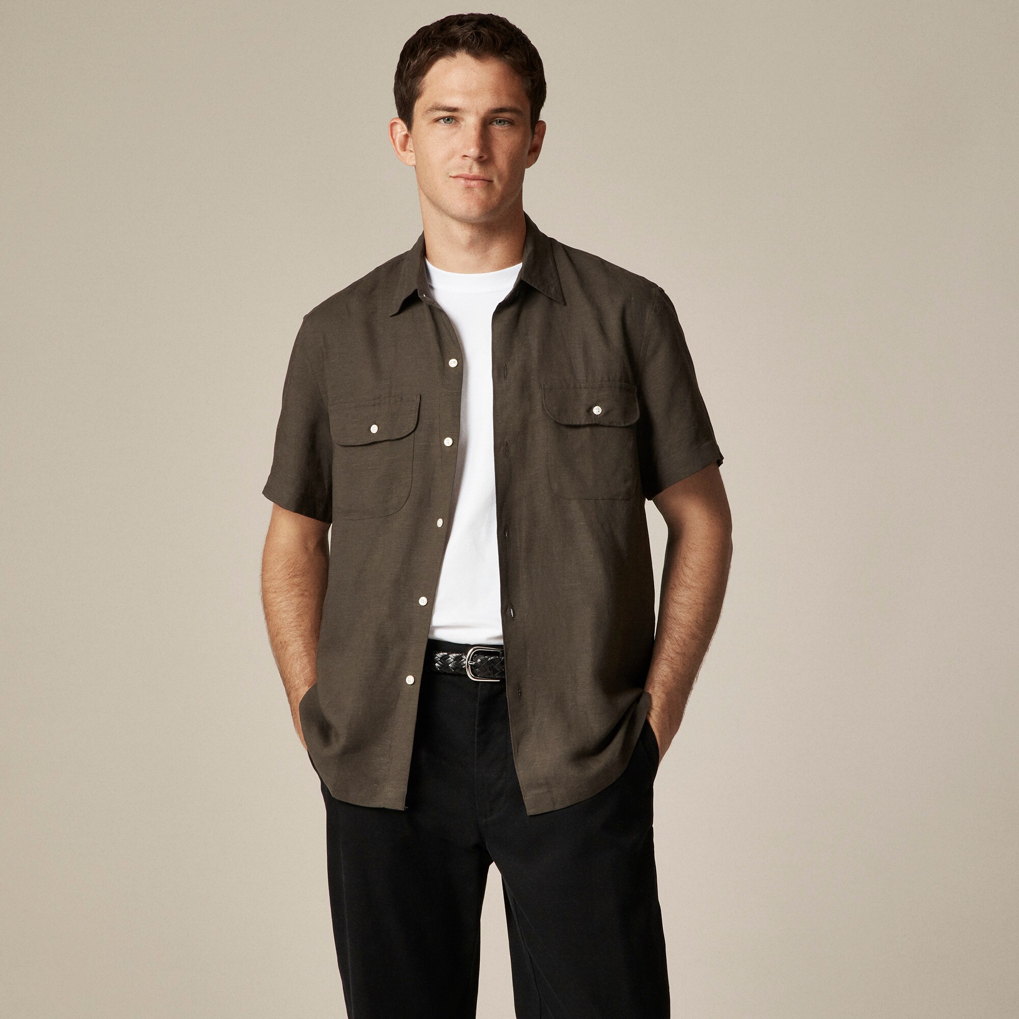  Short-sleeve viscose-linen blend shirt