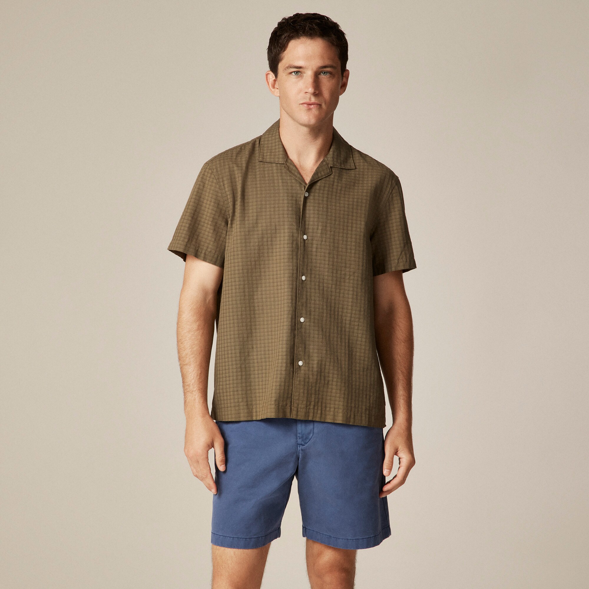  Short-sleeve cotton dobby camp-collar shirt