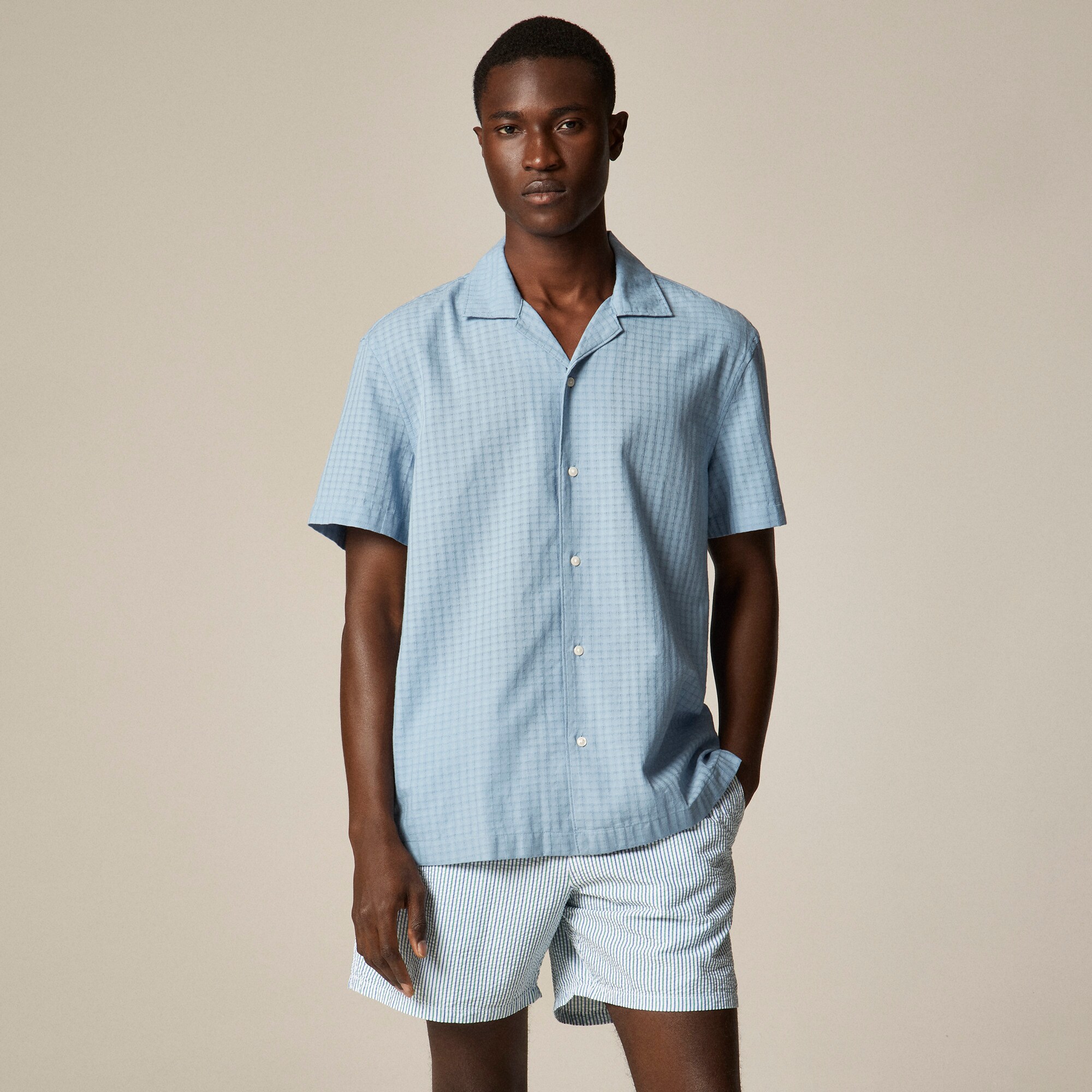  Short-sleeve cotton dobby camp-collar shirt