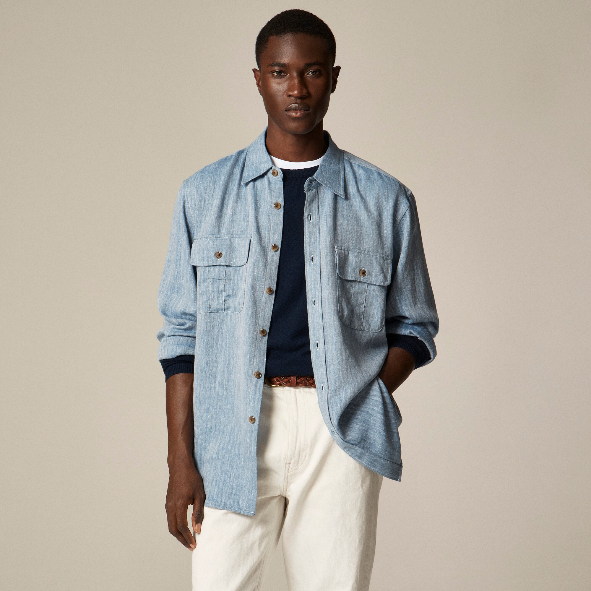 Two-pocket herringbone workshirt in TENCEL™ lyocell-linen blend