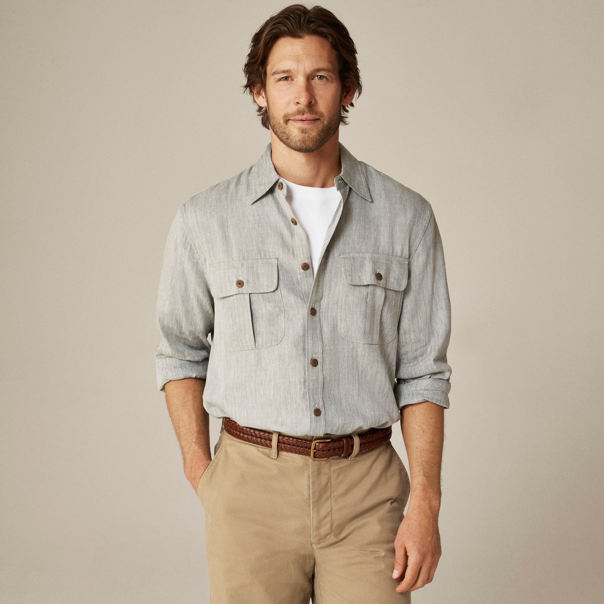  Two-pocket herringbone workshirt in TENCEL&trade; lyocell-linen blend