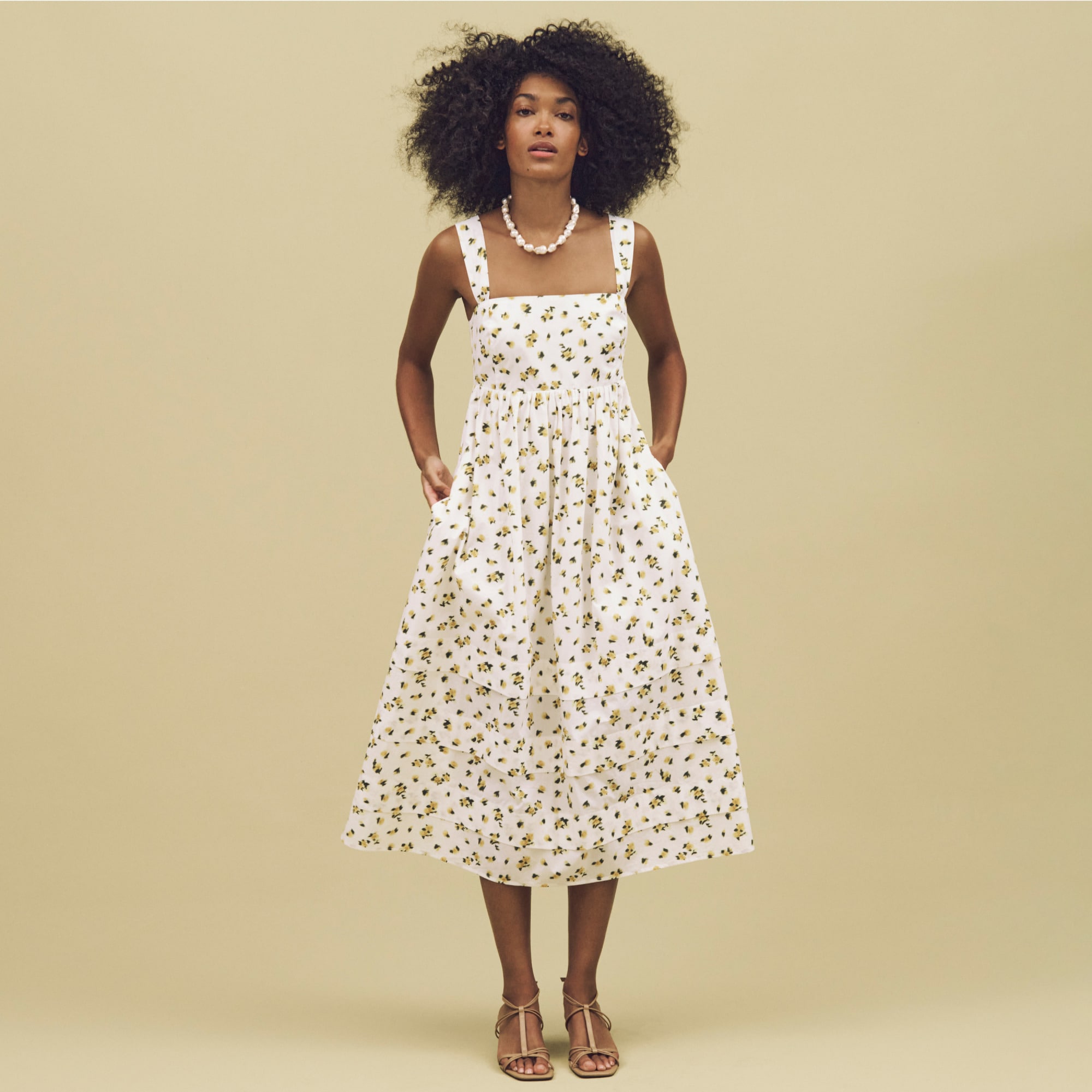 Squareneck midi dress in budding rose print
