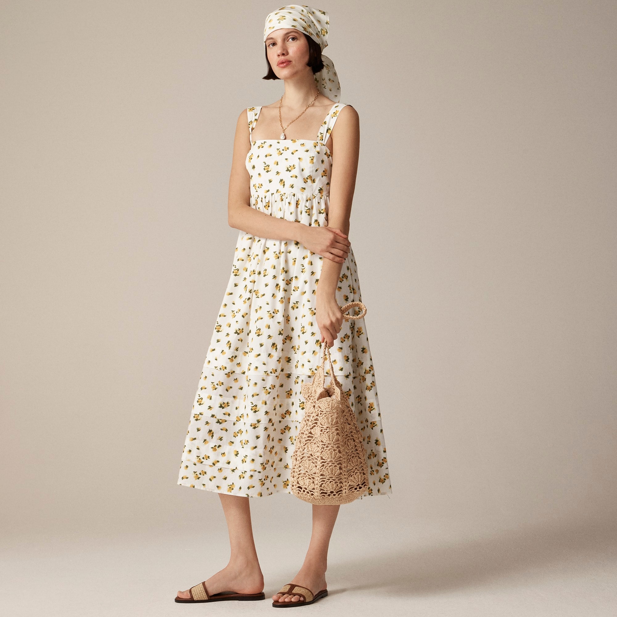 Squareneck midi dress in budding rose print