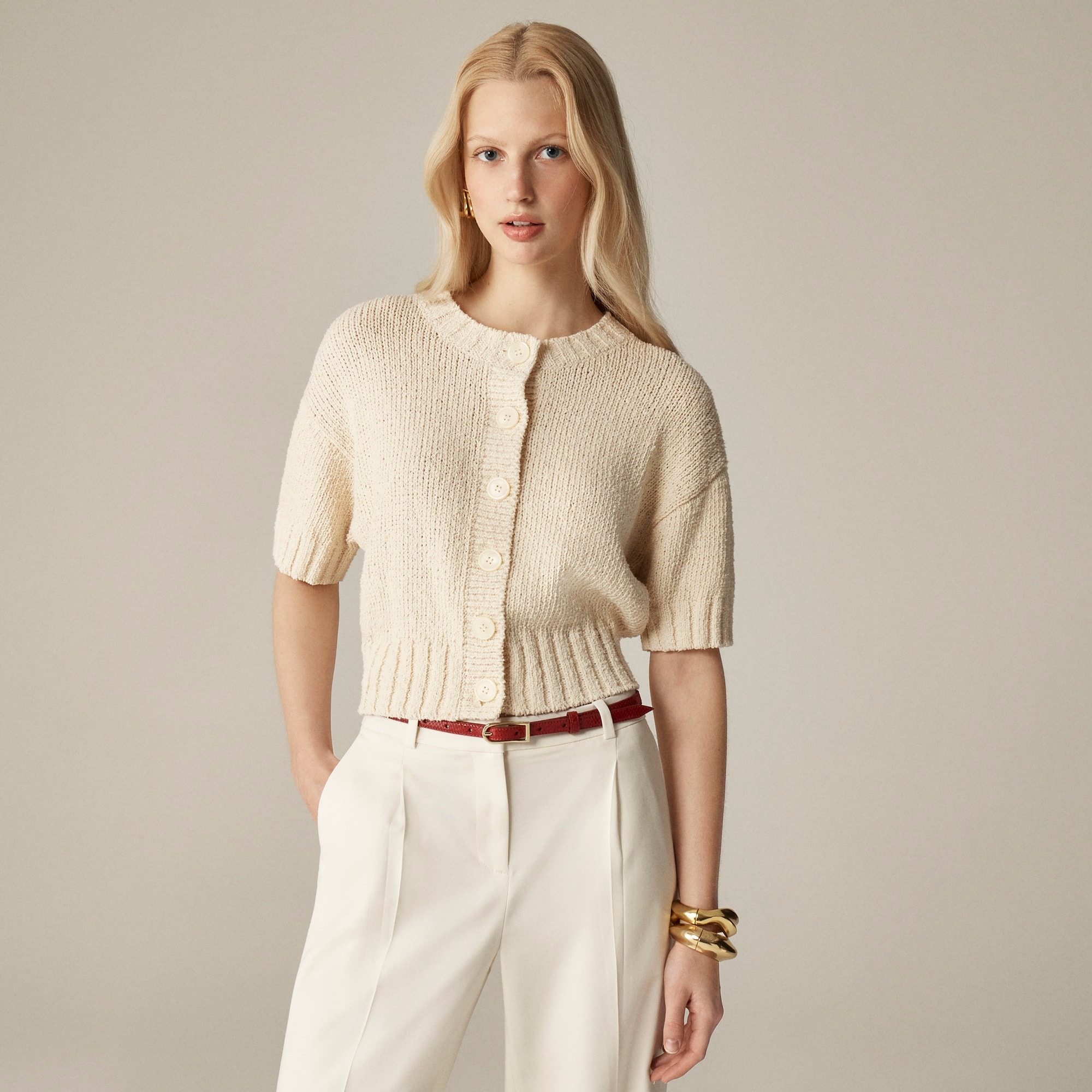 womens Marina crewneck cardigan in textured cotton blend