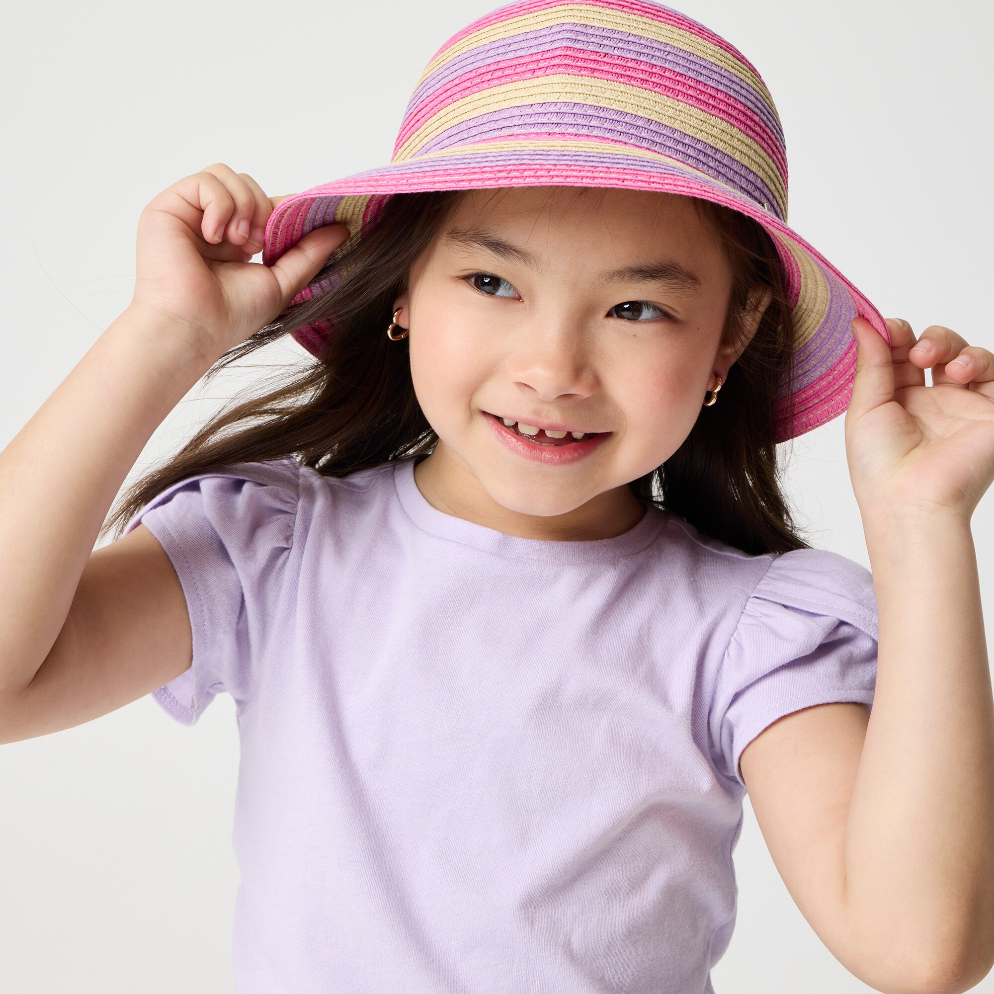 Girls' striped straw bucket hat