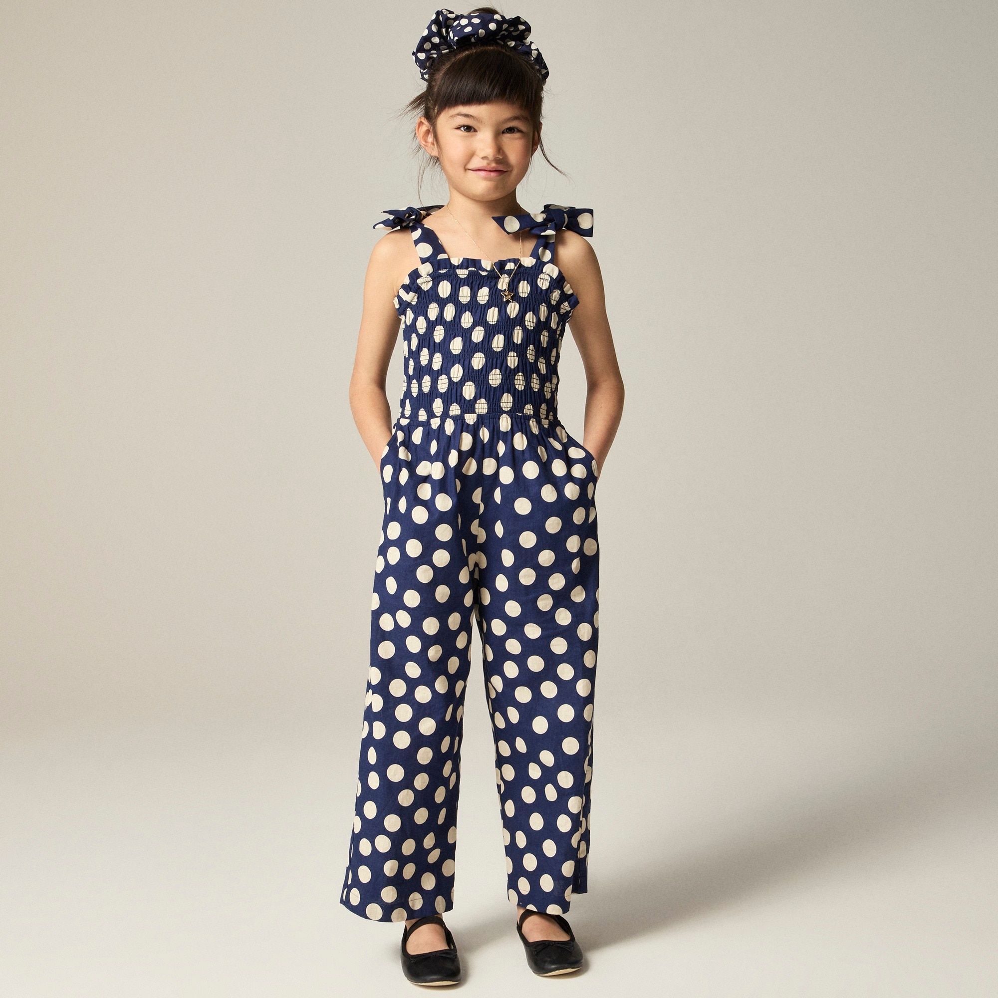 girls Girls' smocked jumpsuit in linen-cotton blend