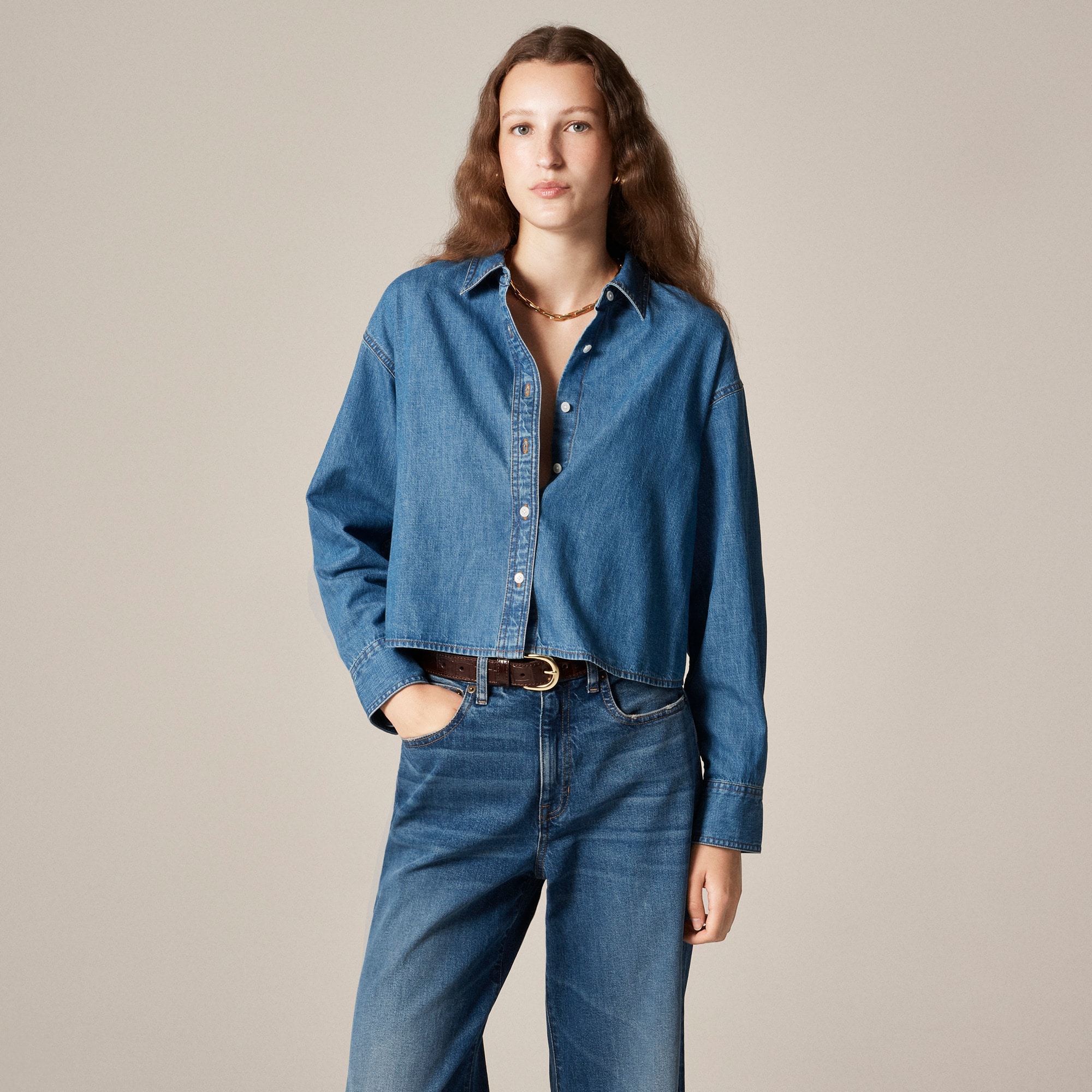 Étienne Cropped Button-up Shirt In Chambray For Women | J.Crew
