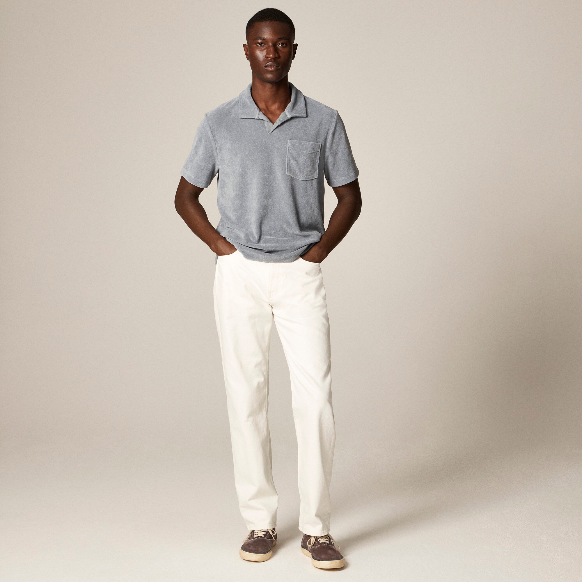 Terry cloth johnny-collar polo shirt