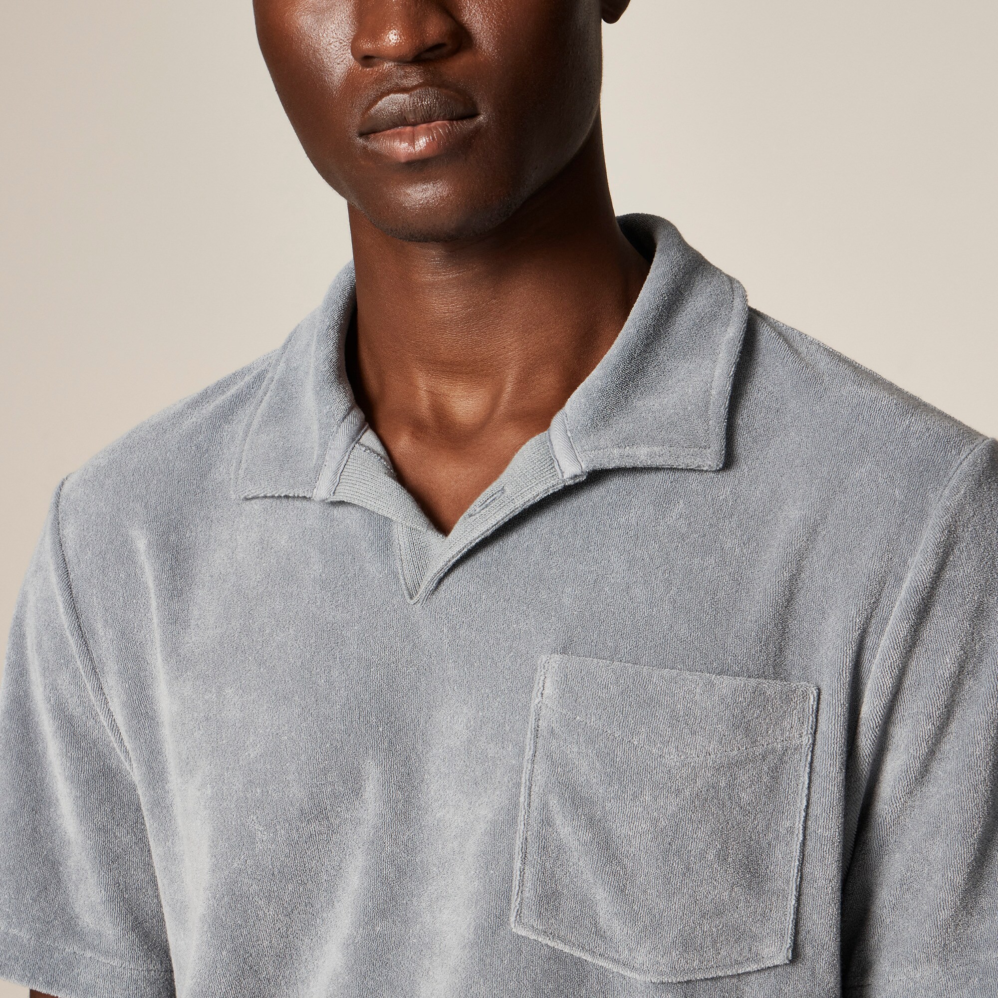 Terry cloth johnny-collar polo shirt