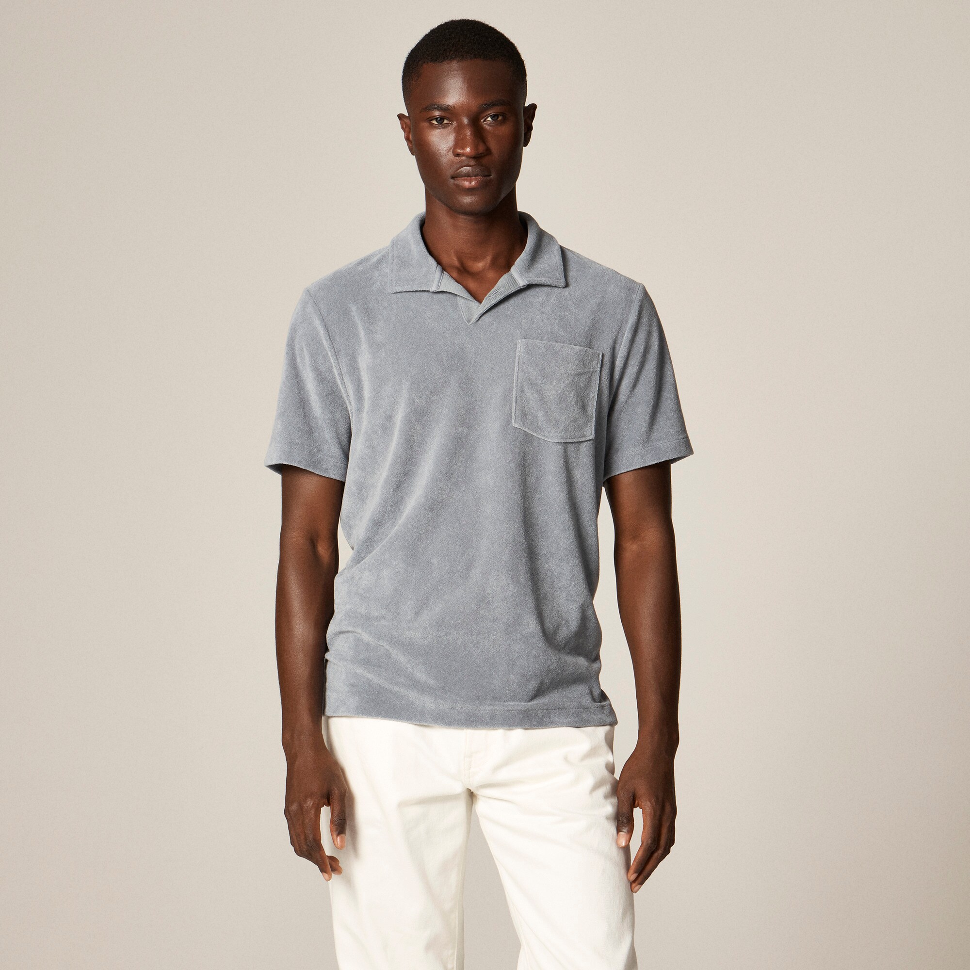 Terry cloth johnny-collar polo shirt