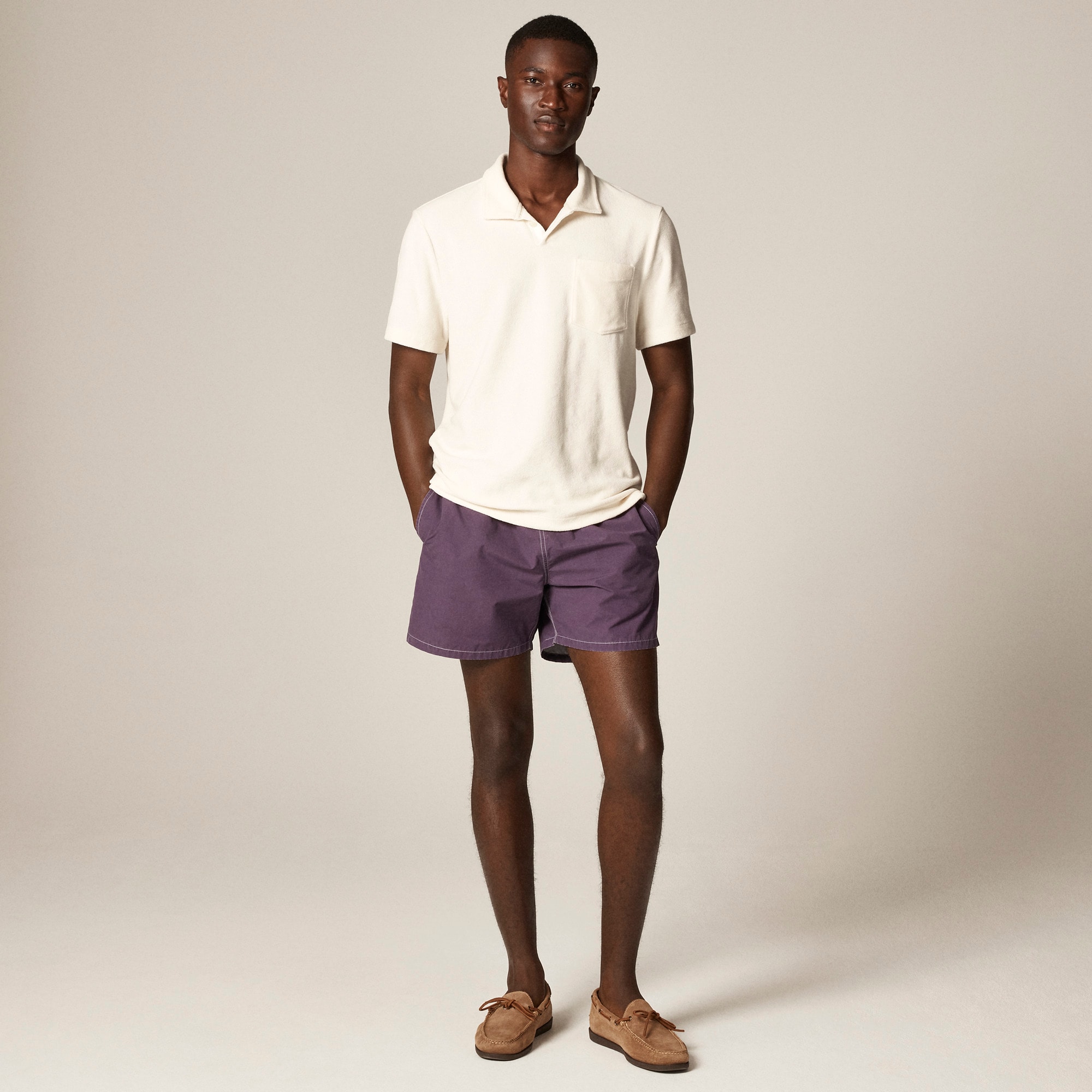Terry cloth johnny-collar polo shirt