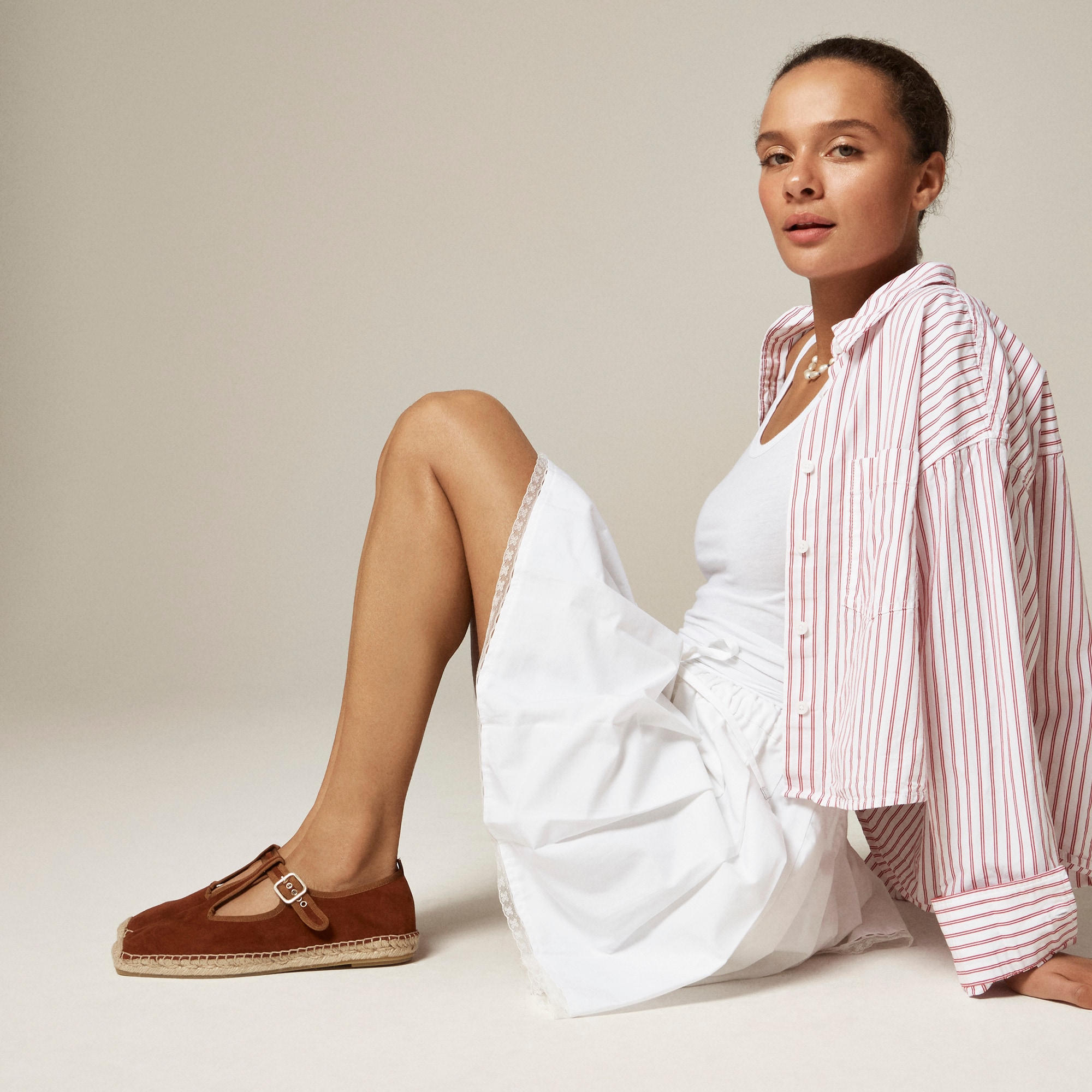 womens Made-in-Spain T-strap espadrille flats in suede