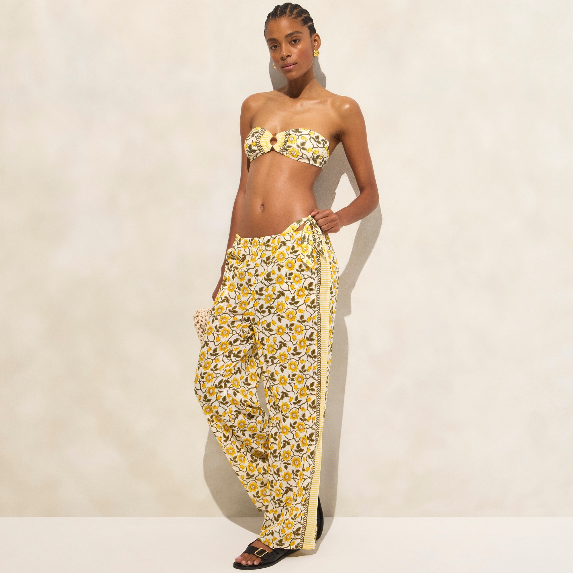 womens Cotton voile beach pant in daffodil daze block print