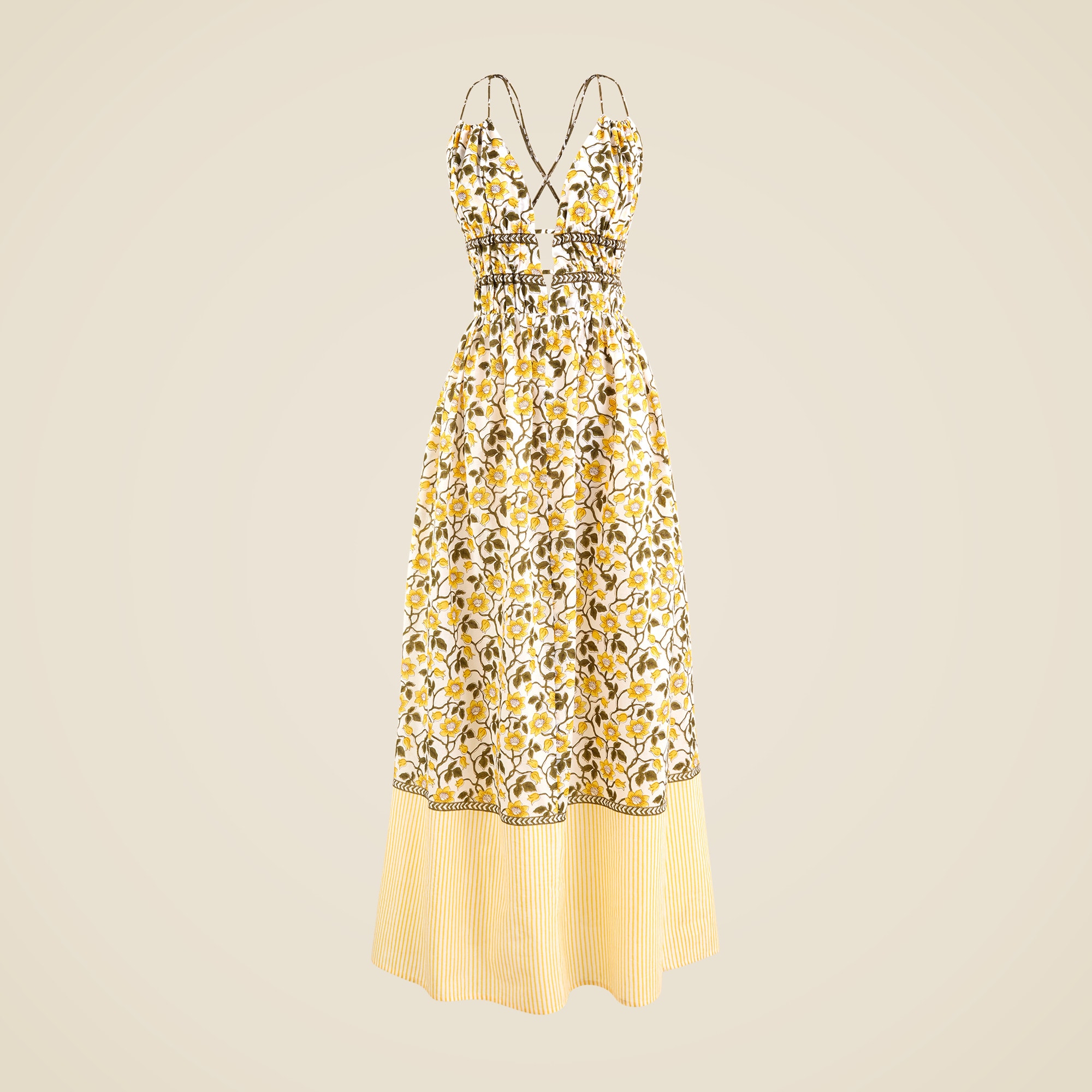Cotton voile plunge maxi dress in daffodil daze block print