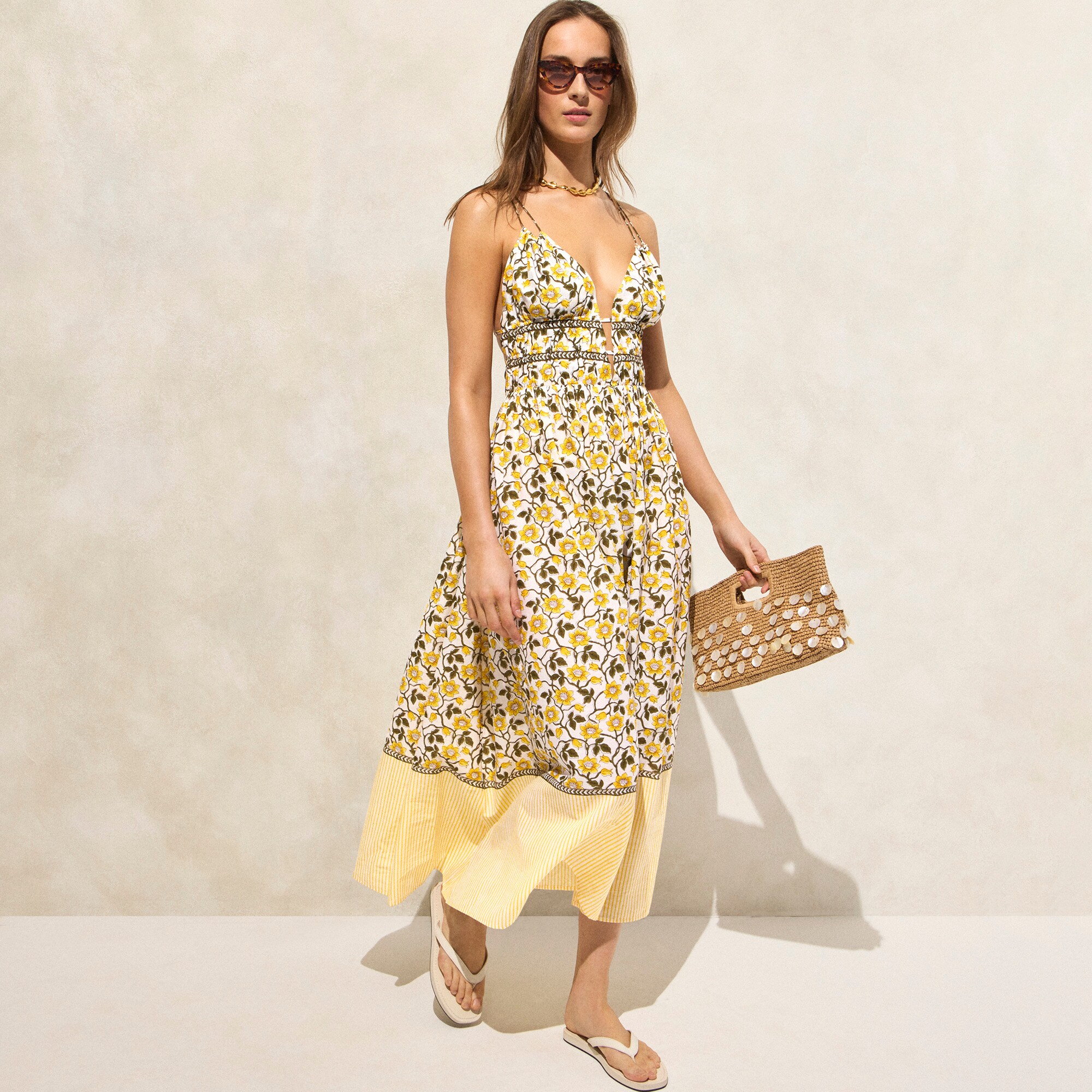 Cotton voile plunge maxi dress in daffodil daze block print