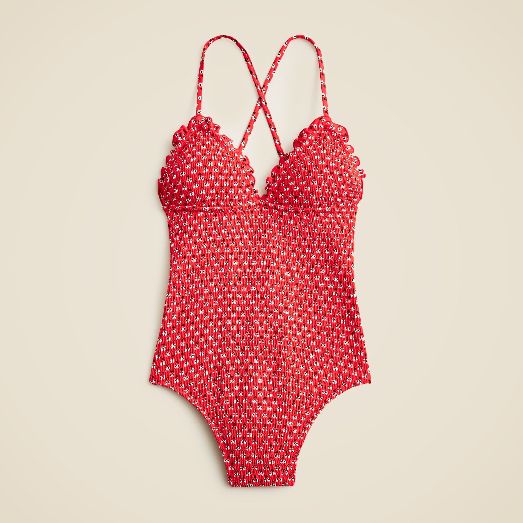  Long-torso smocked ruffle-trim one-piece