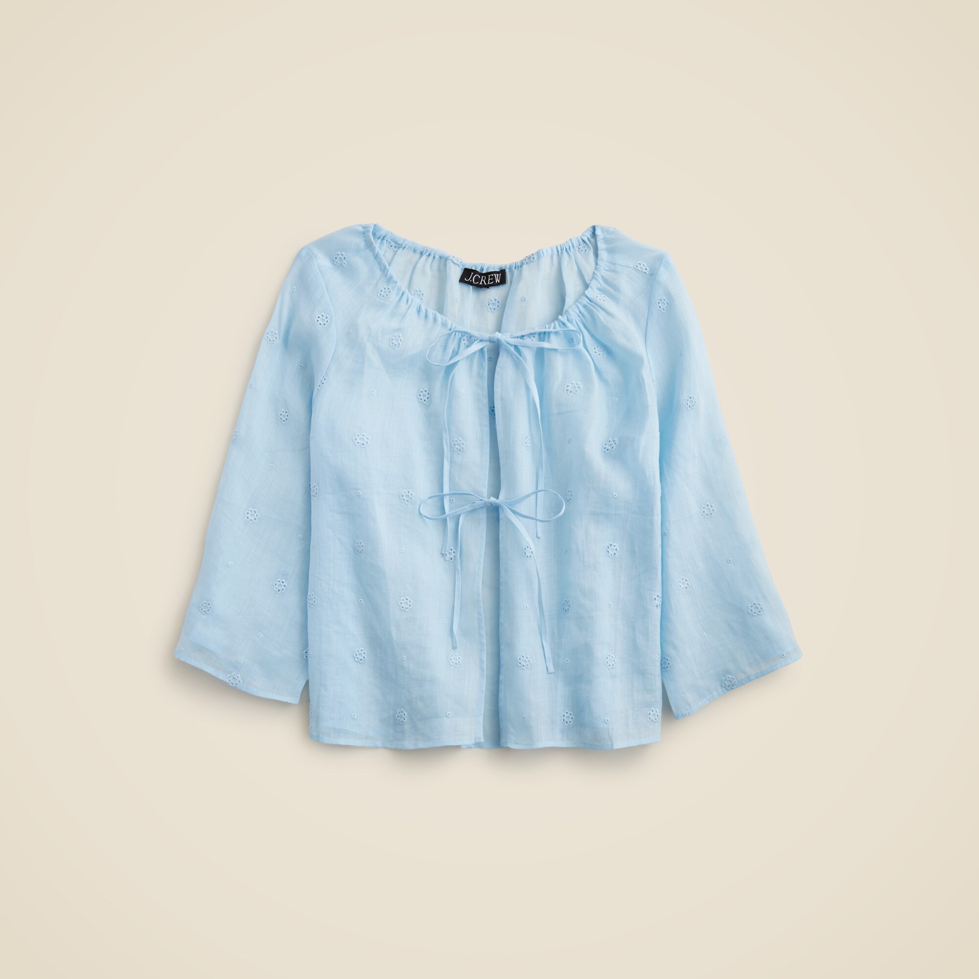 Tie-front eyelet top in ramie