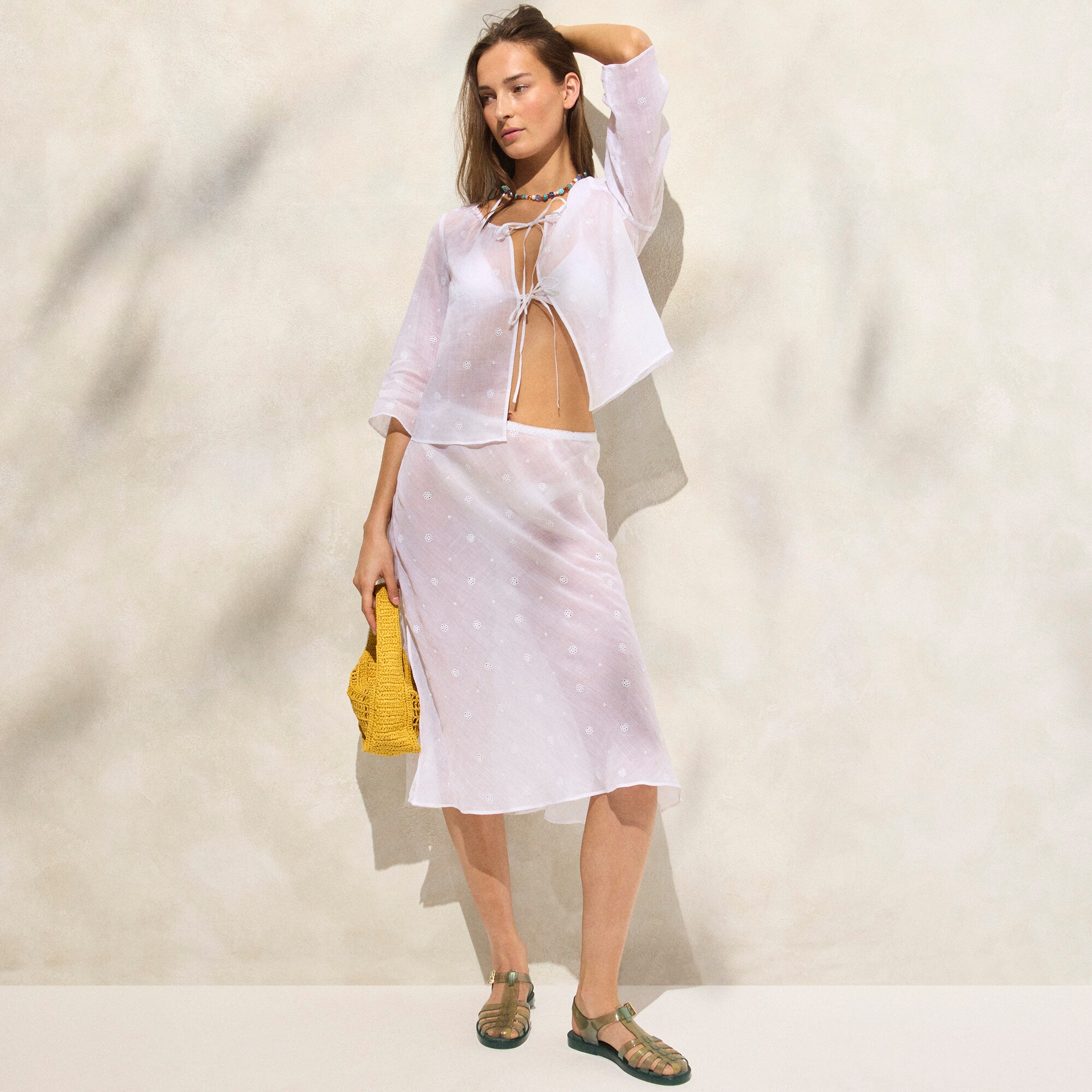 tie-front eyelet top in ramie for women