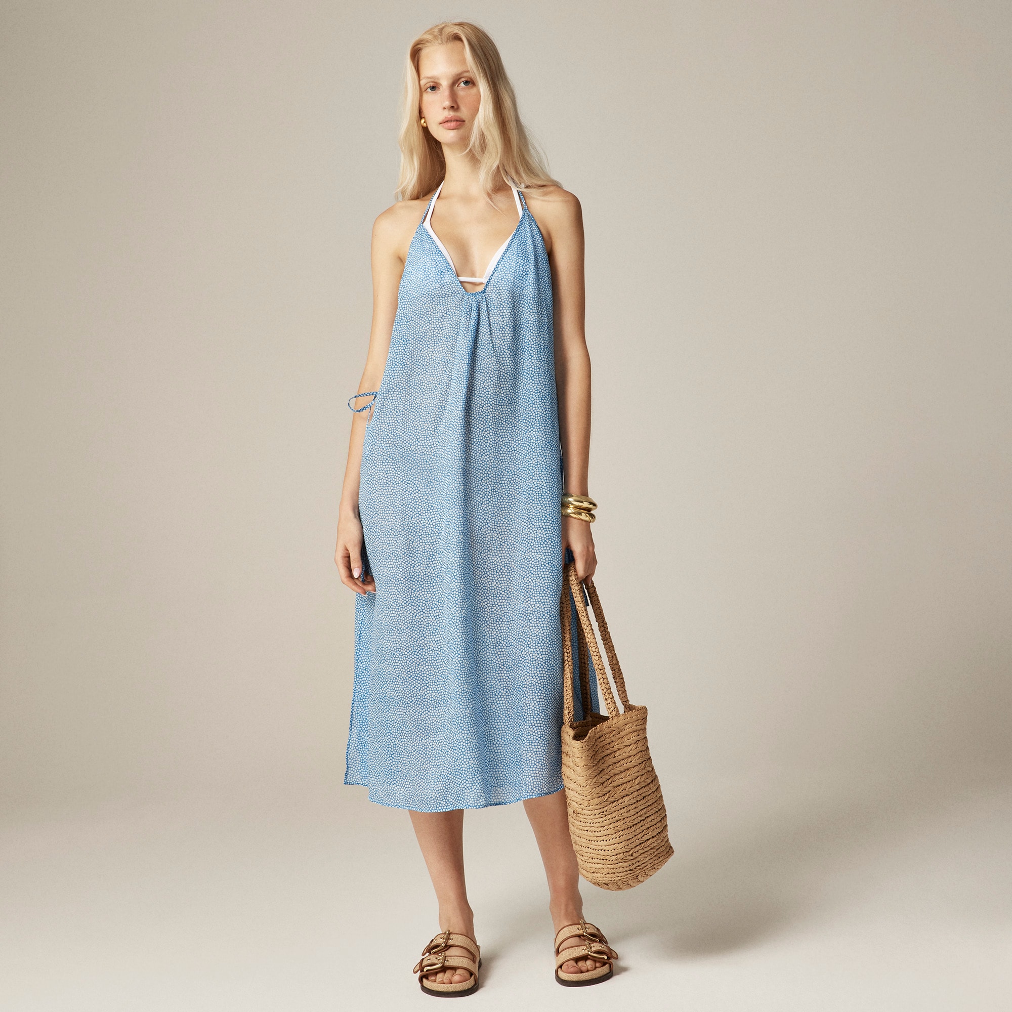 Side-tie midi dress in mini floral-print ramie