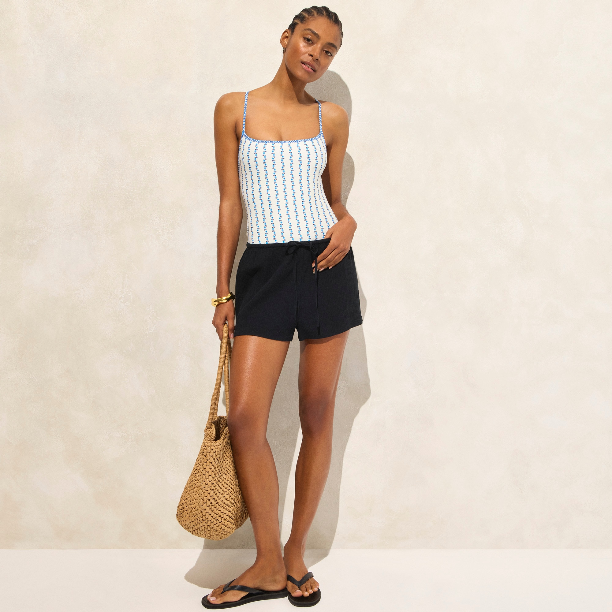 Scoopback one-piece swimsuit in floral-stripe print