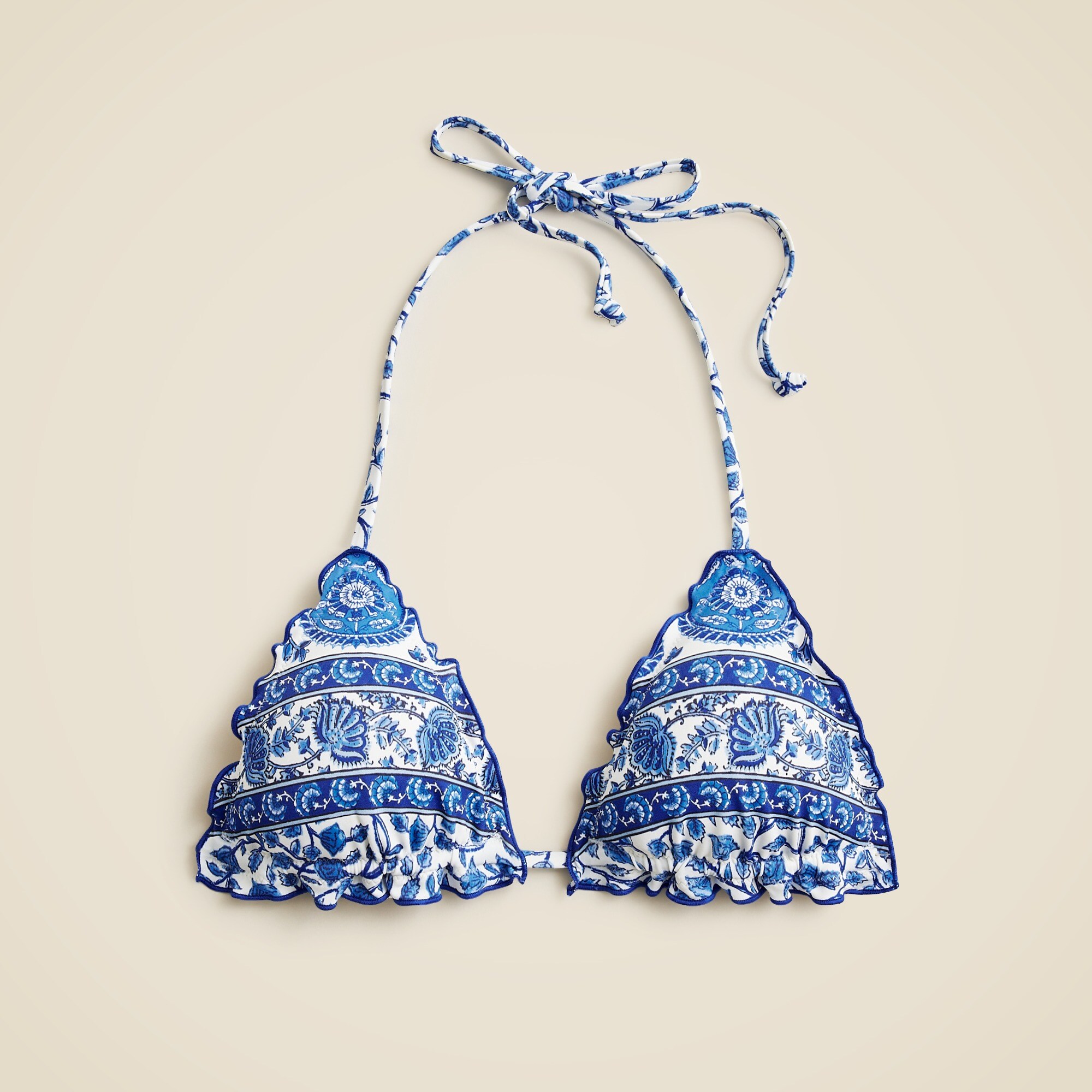 Ruffle-trim string bikini top in banana block print