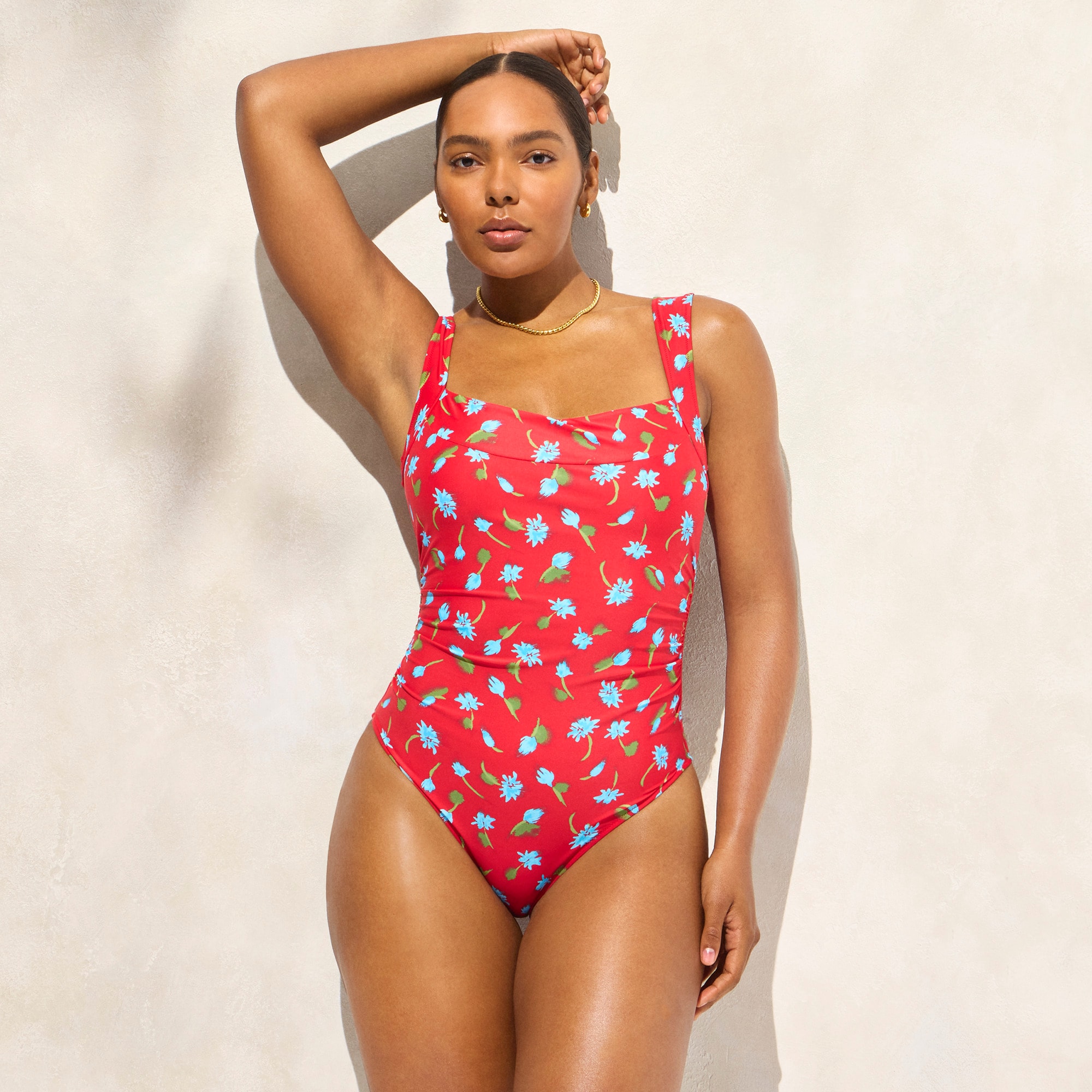 womens Nia ruched squareneck one-piece in brushed daisy print