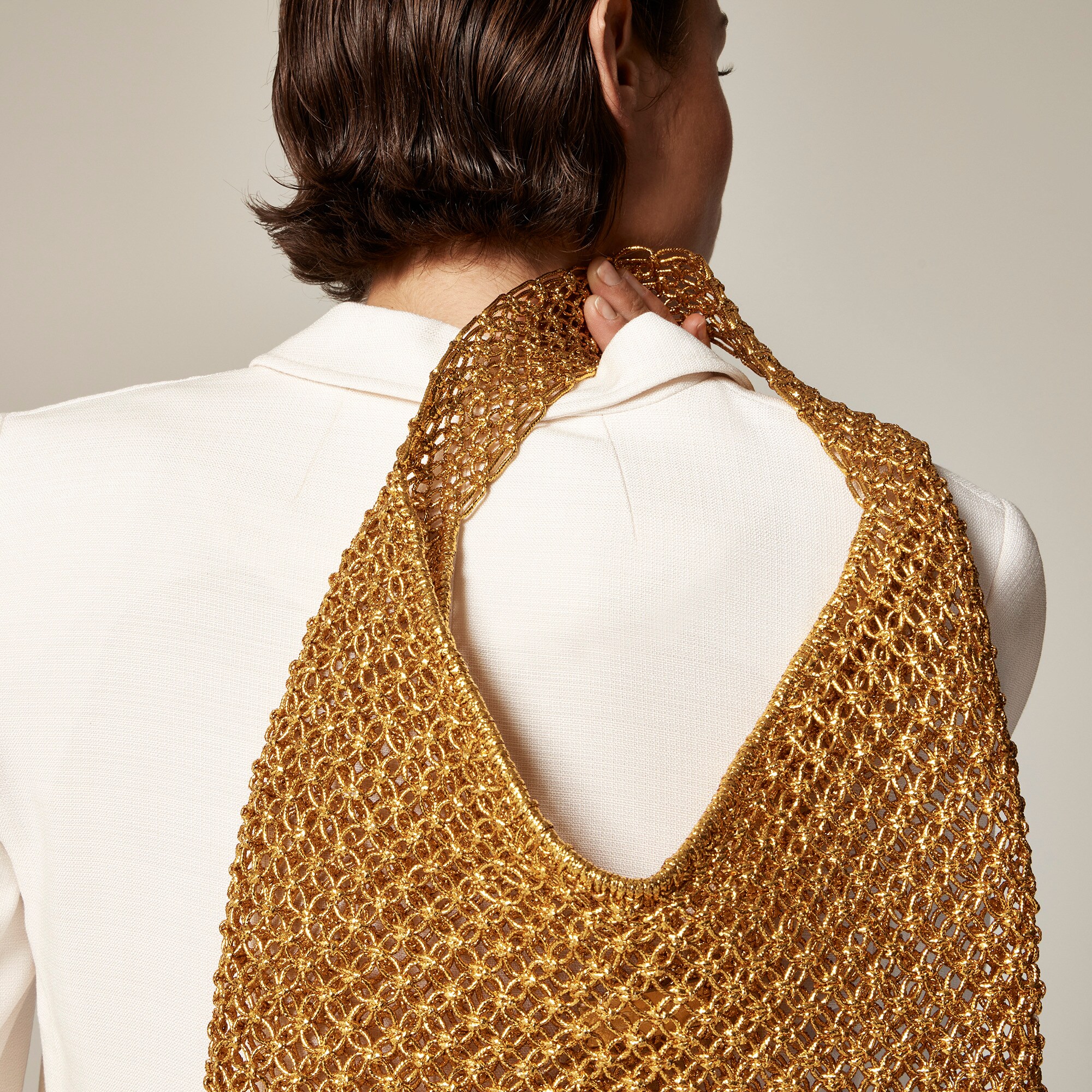 Handwoven metallic shoulder tote with Lurex® metallic threads
