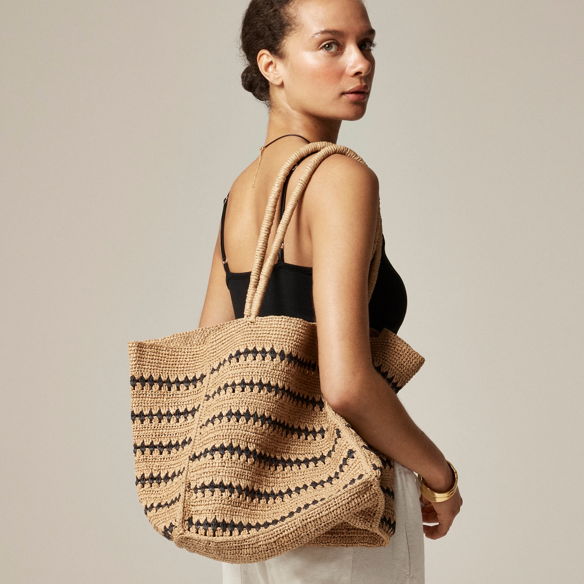 womens Handknotted packable straw tote in stripe