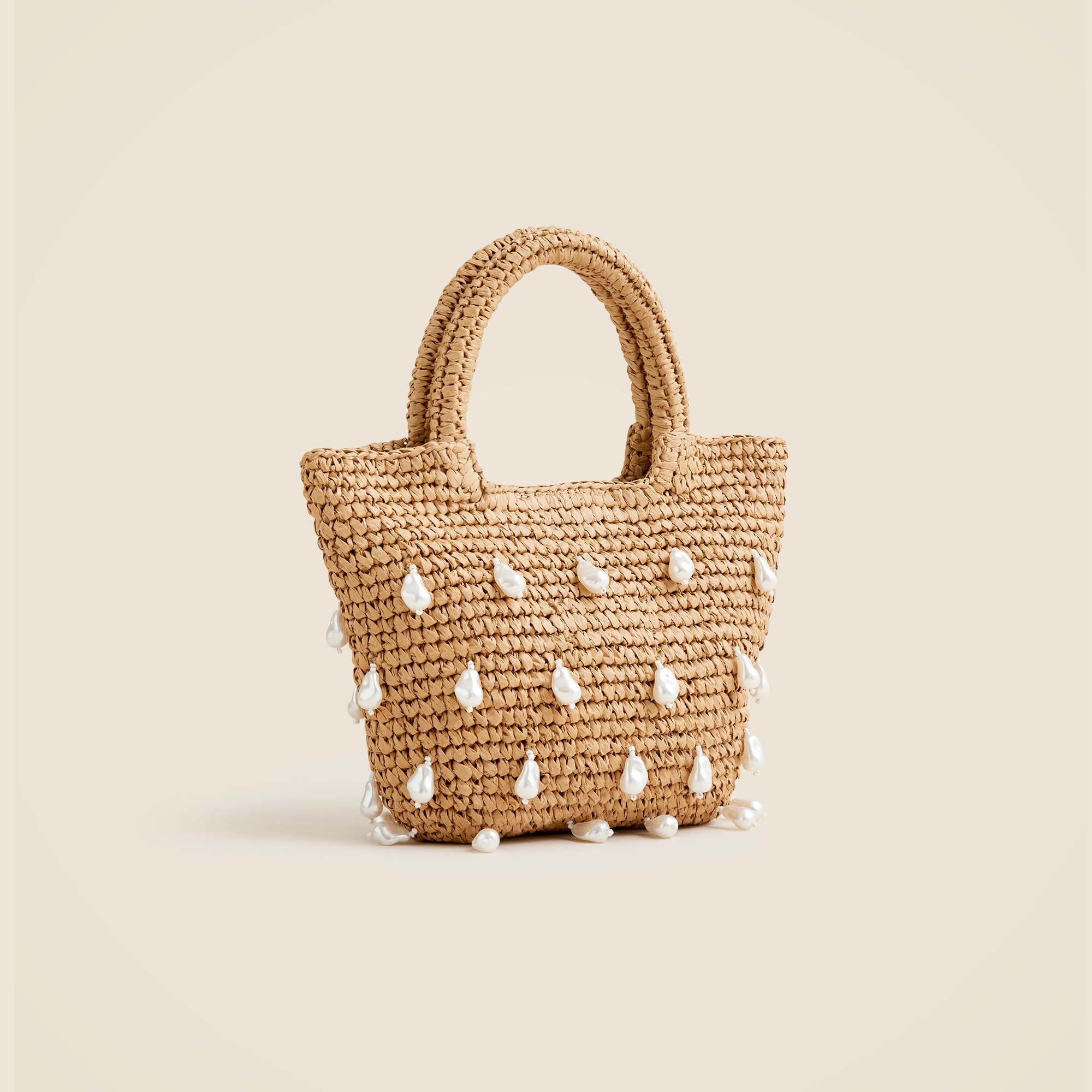 Handknotted top-handle straw bag with baroque pearls