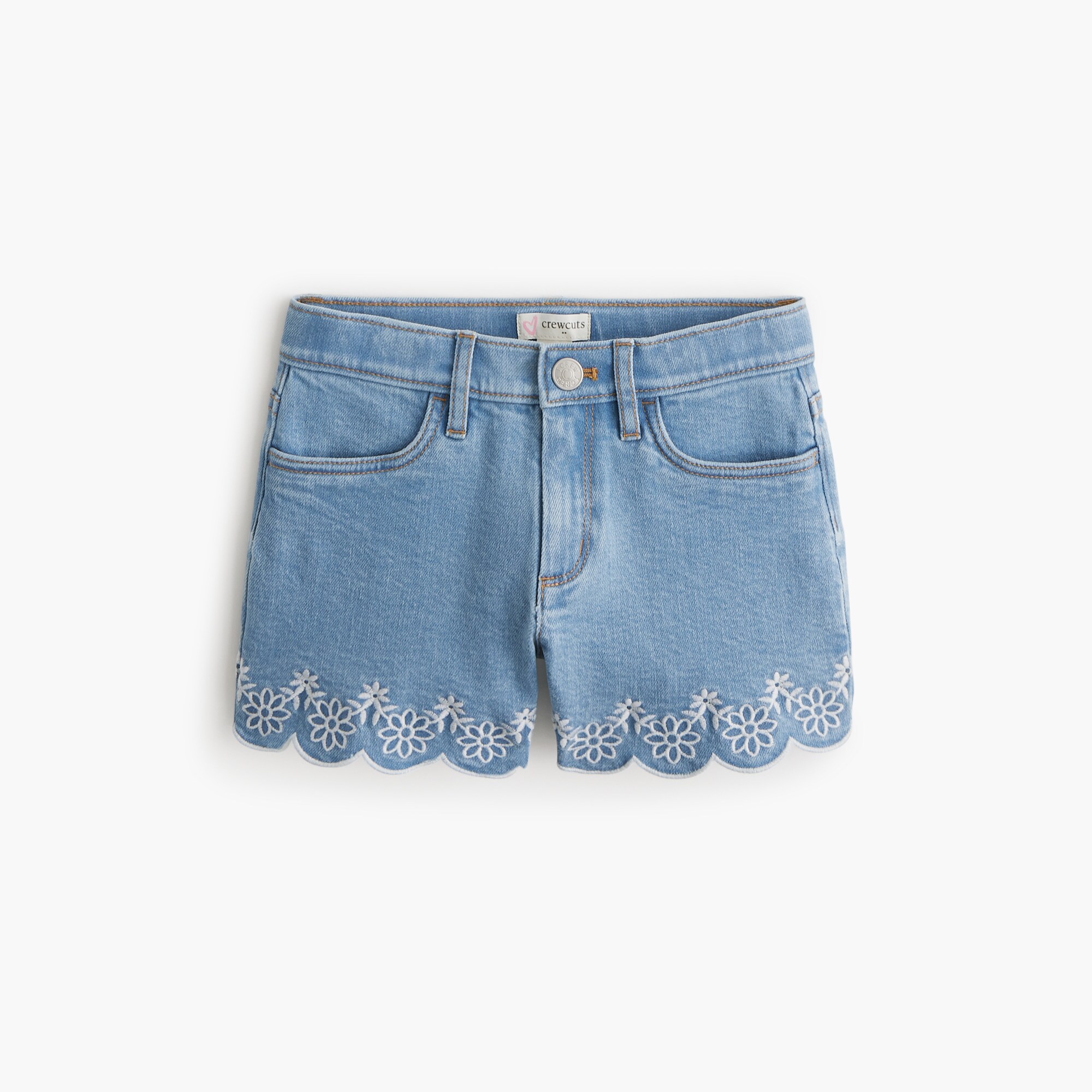 Girls' scallop-hem embroidered denim short