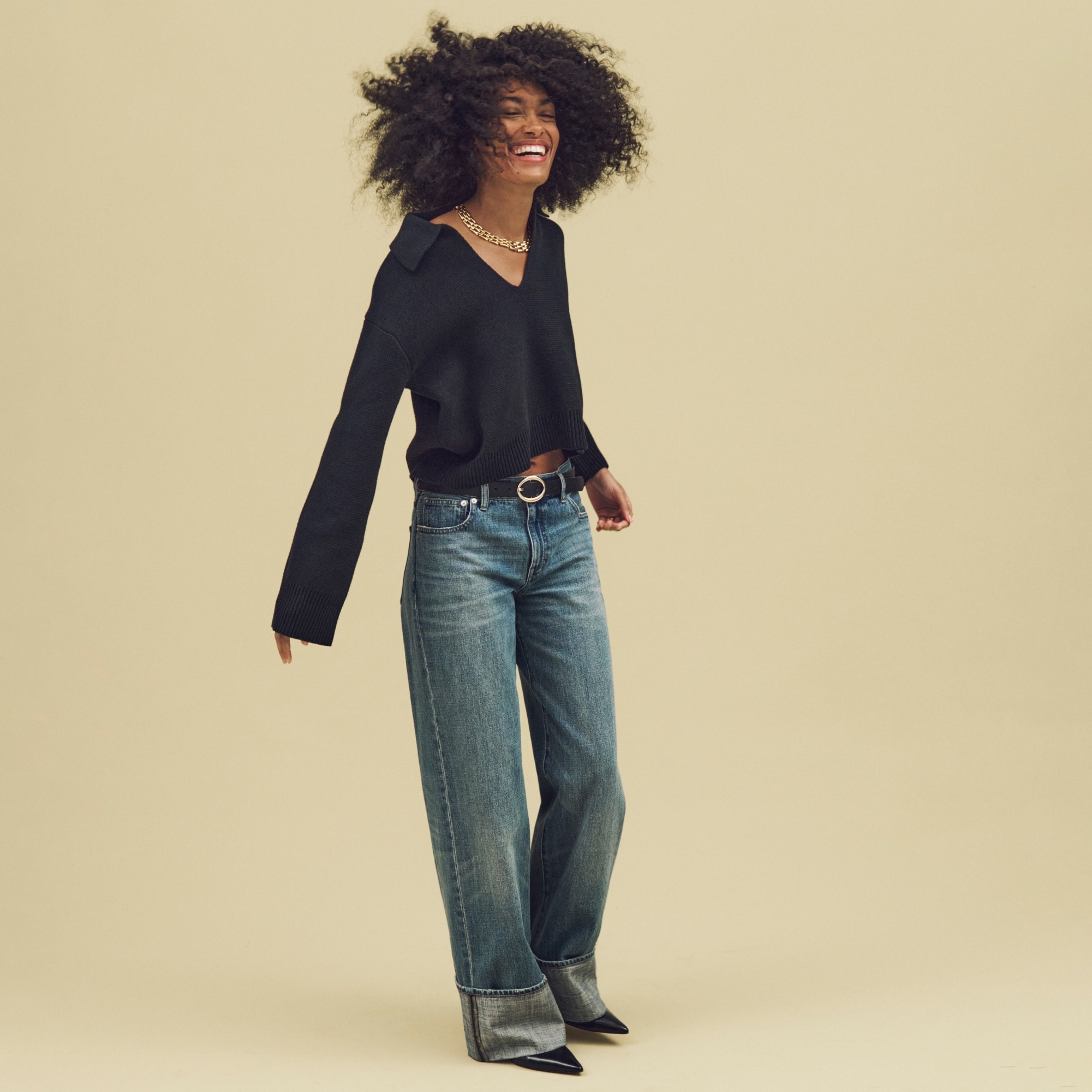 Cuffed lower-rise wide-leg jean