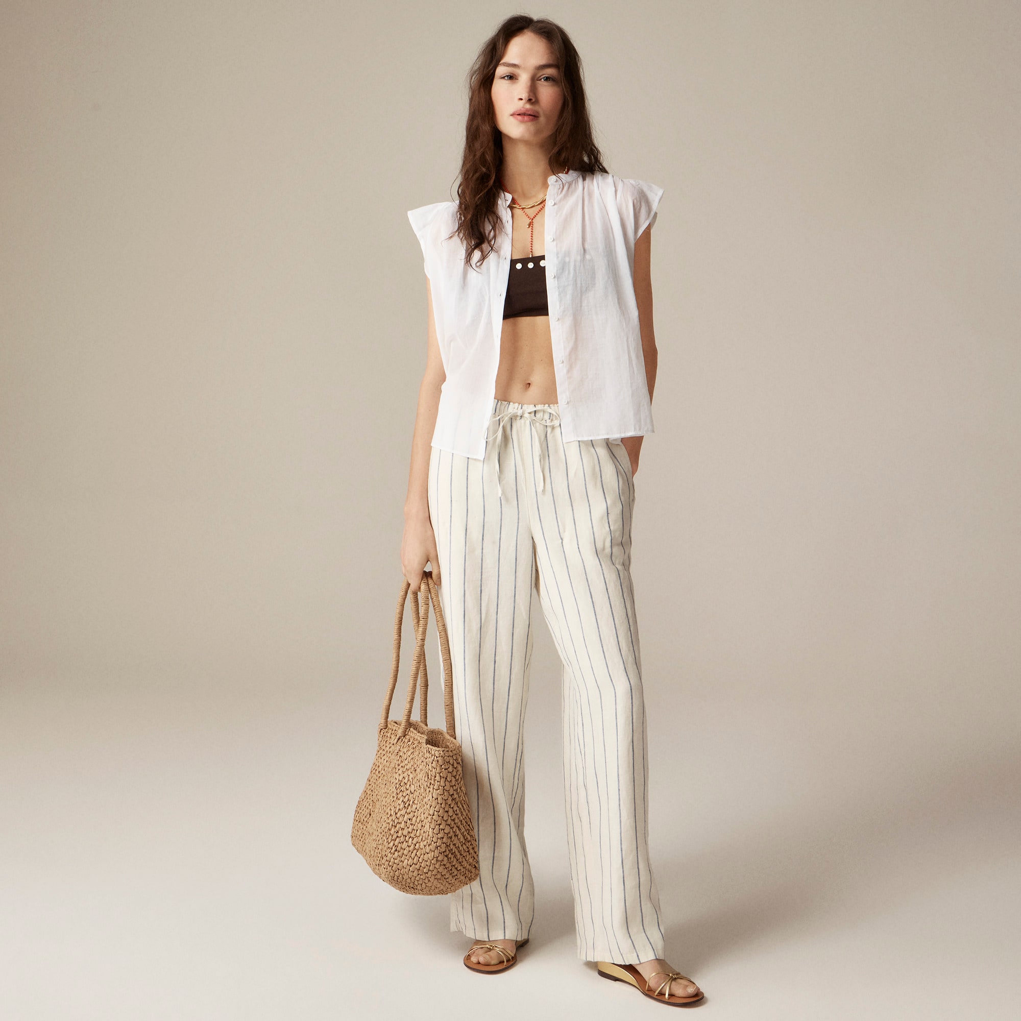 womens Flutter-sleeve button-up shirt in cotton voile