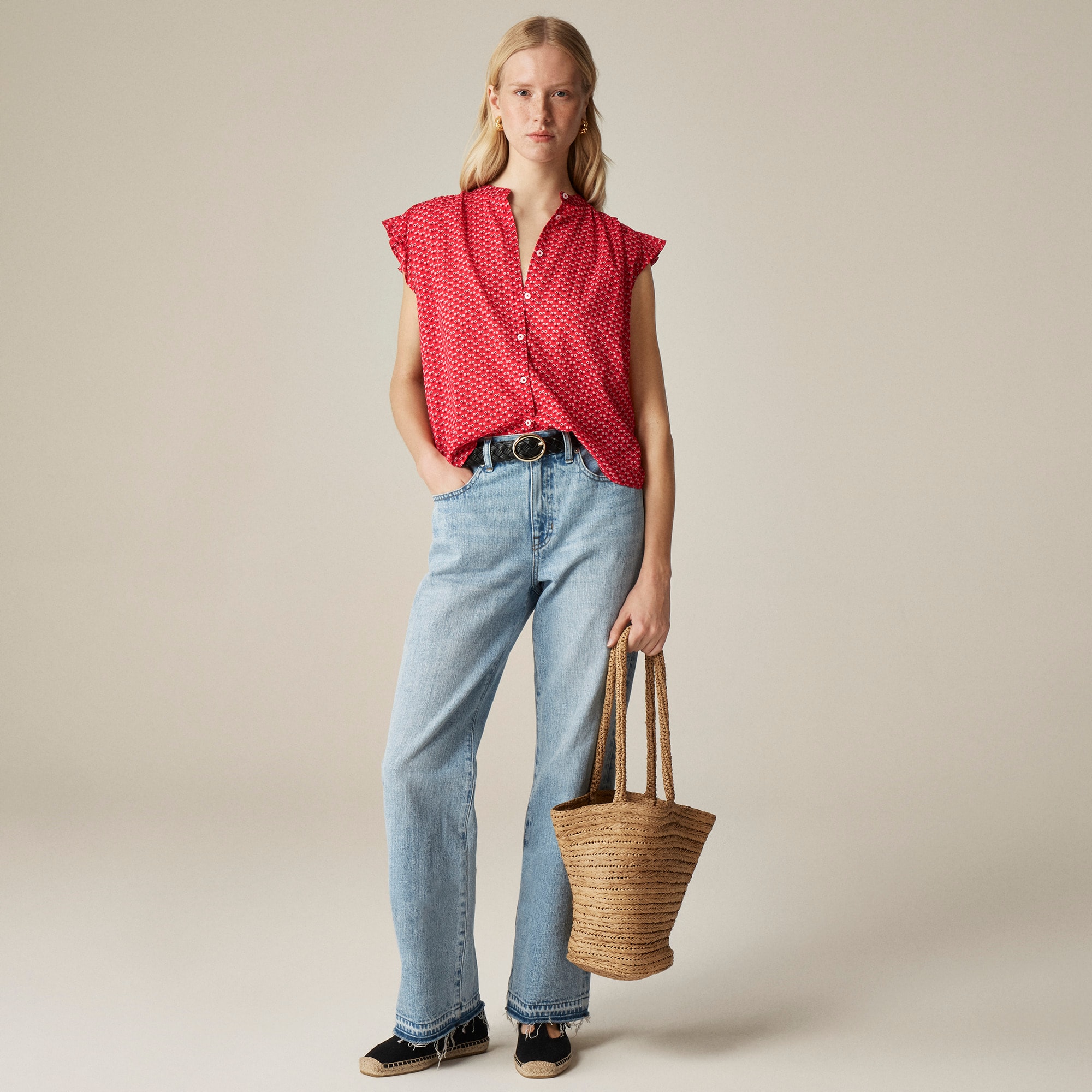 womens Flutter-sleeve button-up shirt in cotton voile