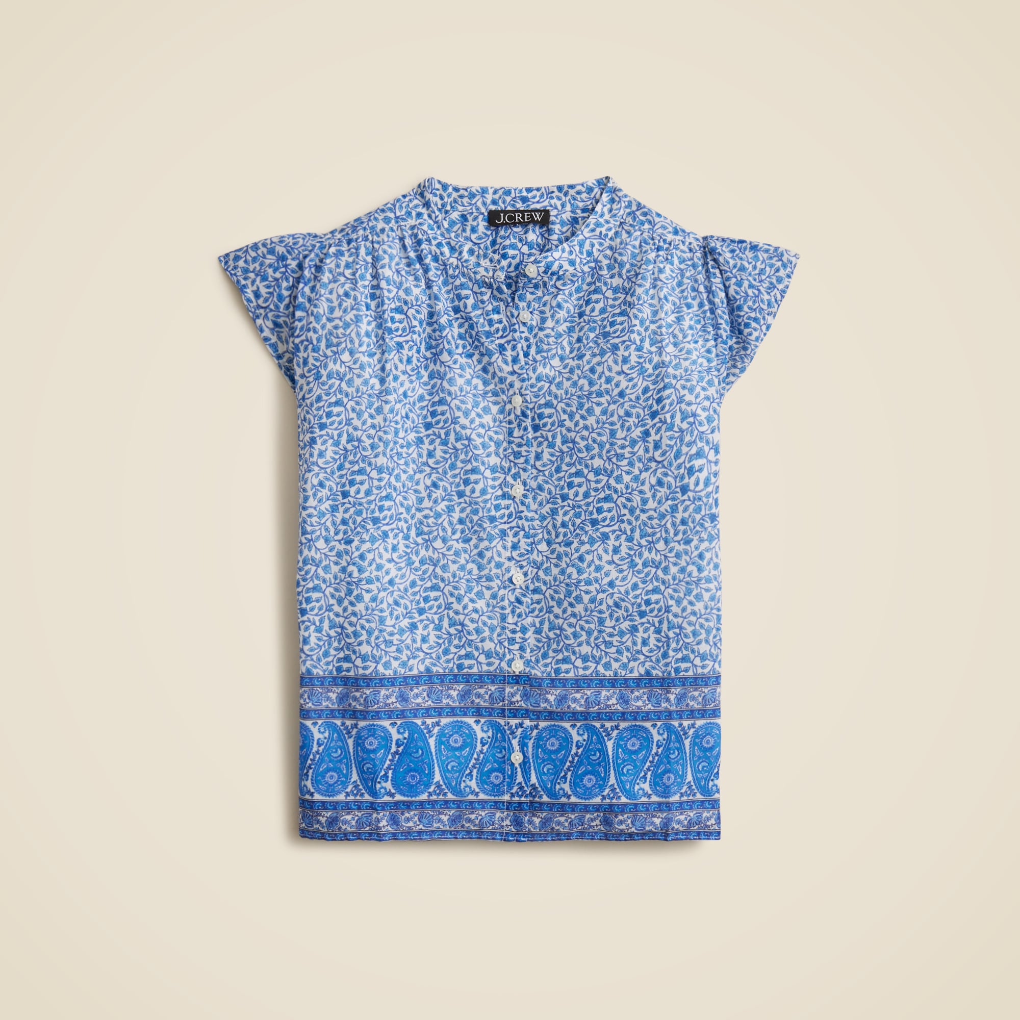 womens Flutter-sleeve button-up shirt in block-print cotton voile