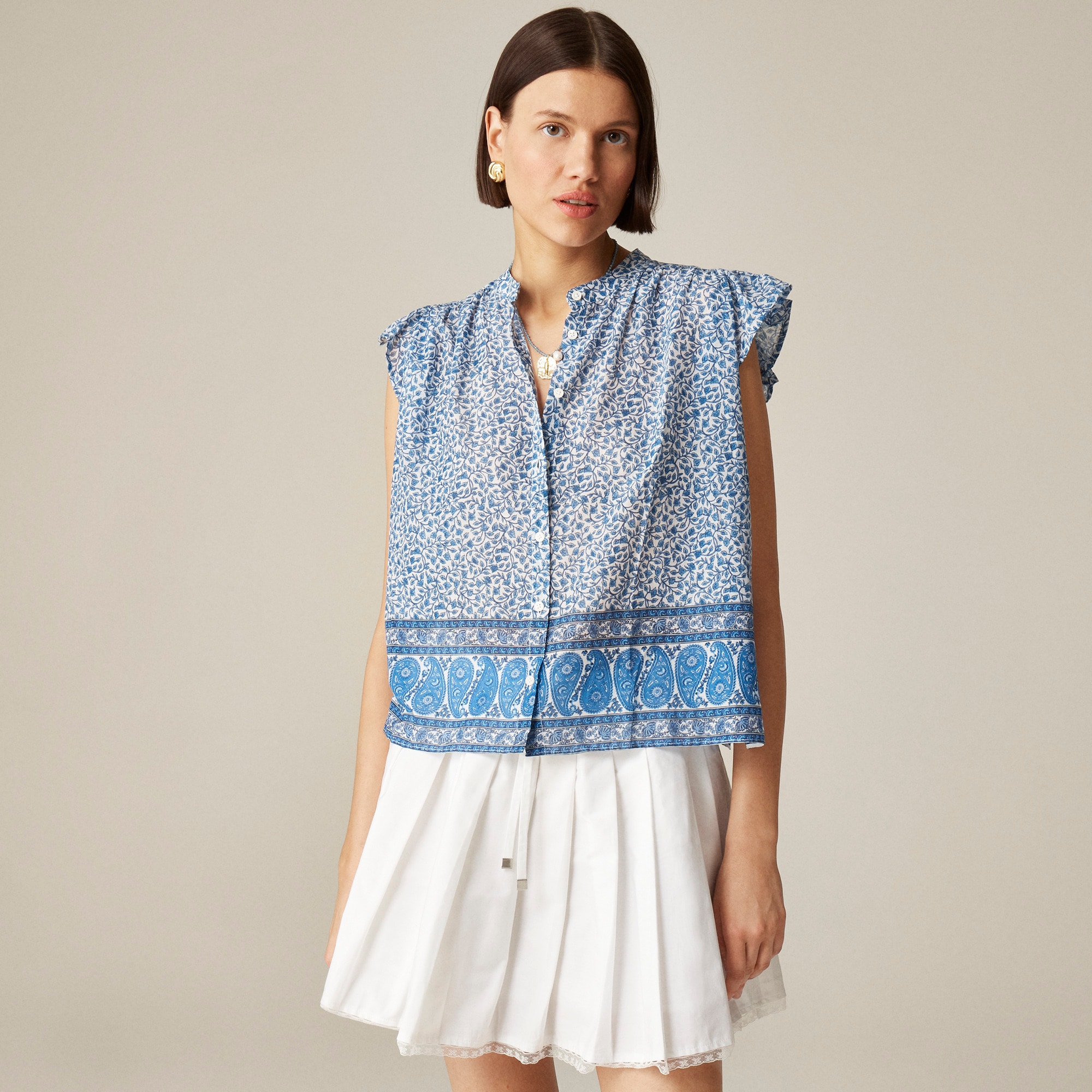 Flutter-sleeve button-up shirt in block-print cotton voile