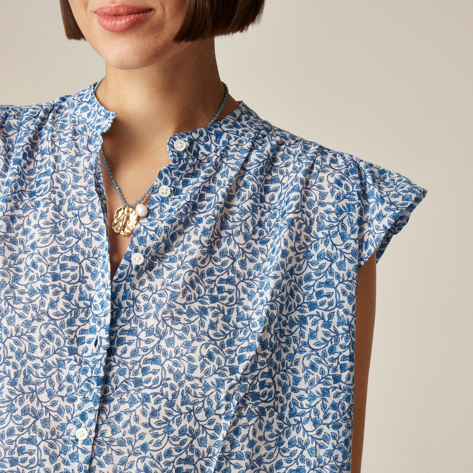 Flutter-sleeve button-up shirt in block-print cotton voile